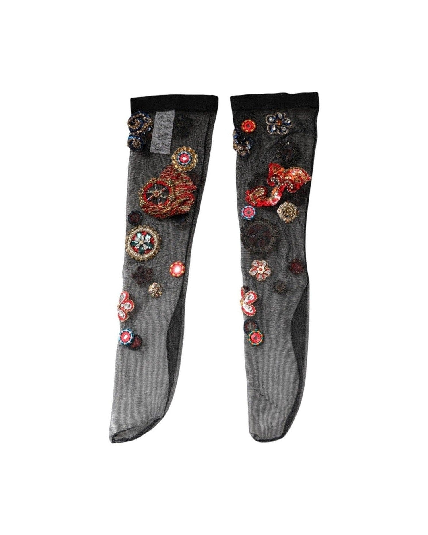 Dolce & Gabbana Black Stretch Carretto Crystal Stockings Socks Glam Steals
