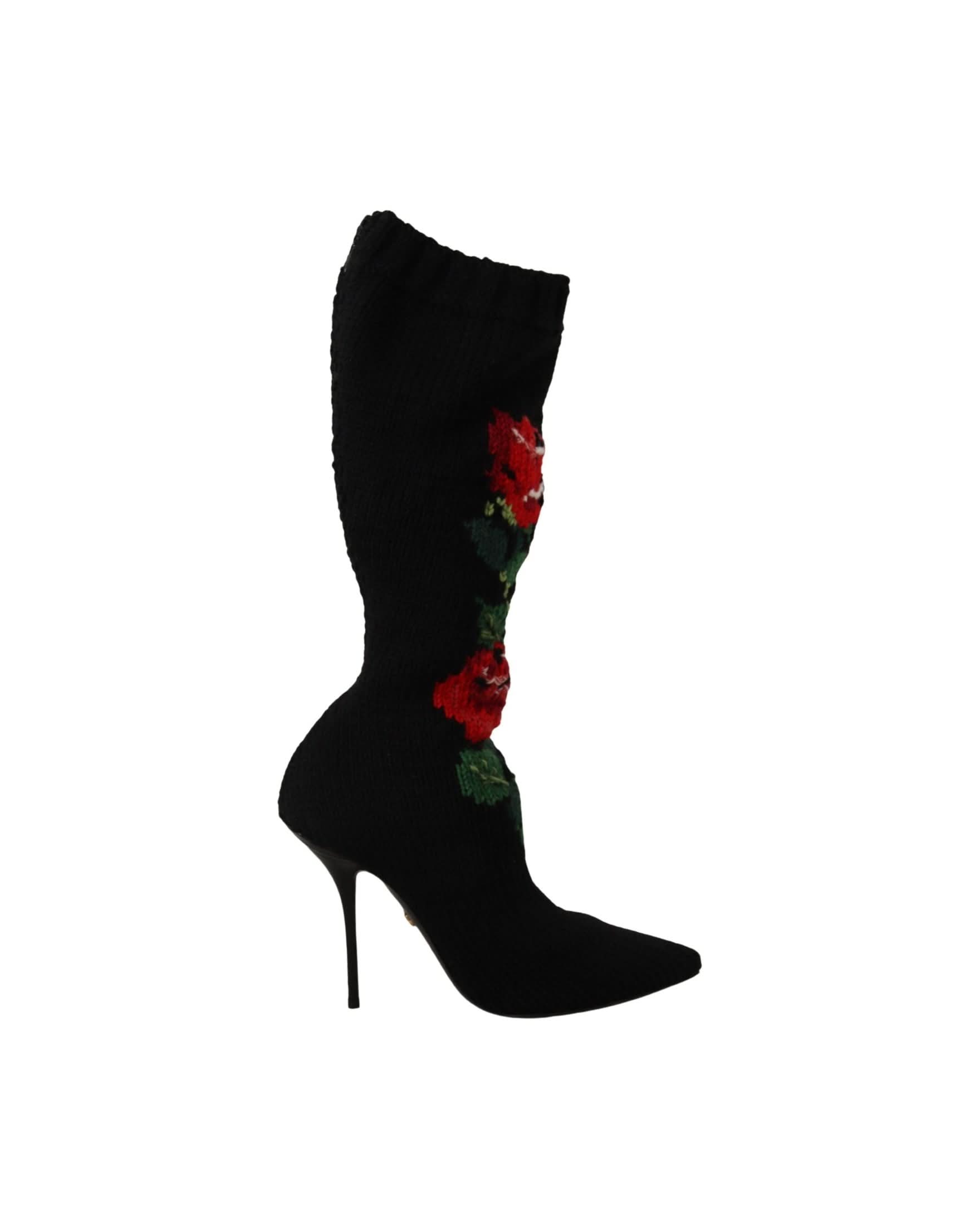 Dolce & Gabbana Black Stretch Socks Red Roses Booties Shoes Boots