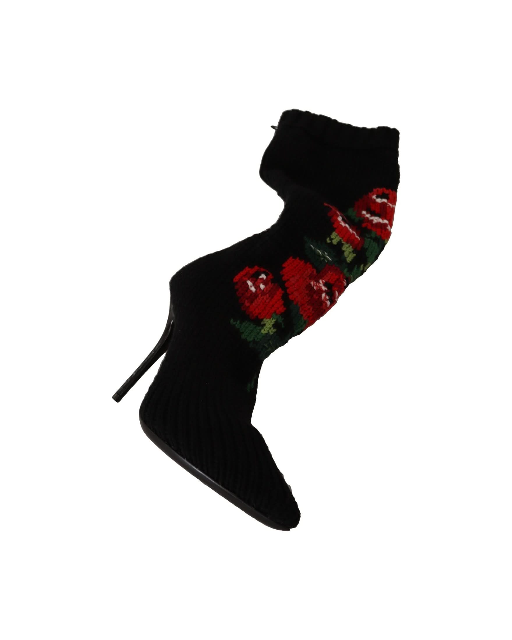 Dolce & Gabbana Black Stretch Socks Red Roses Booties Shoes Boots