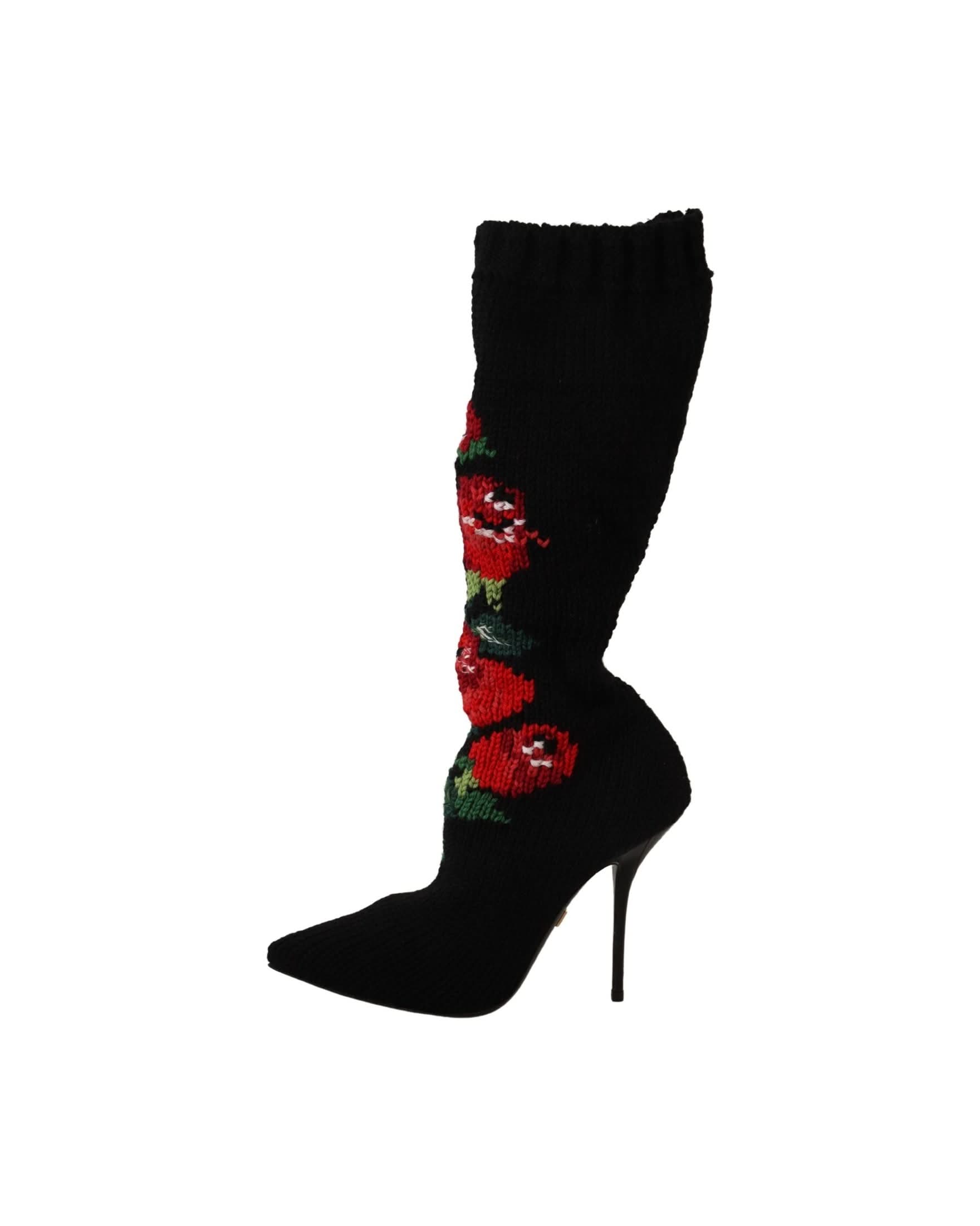 Dolce & Gabbana Black Stretch Socks Red Roses Booties Shoes Boots