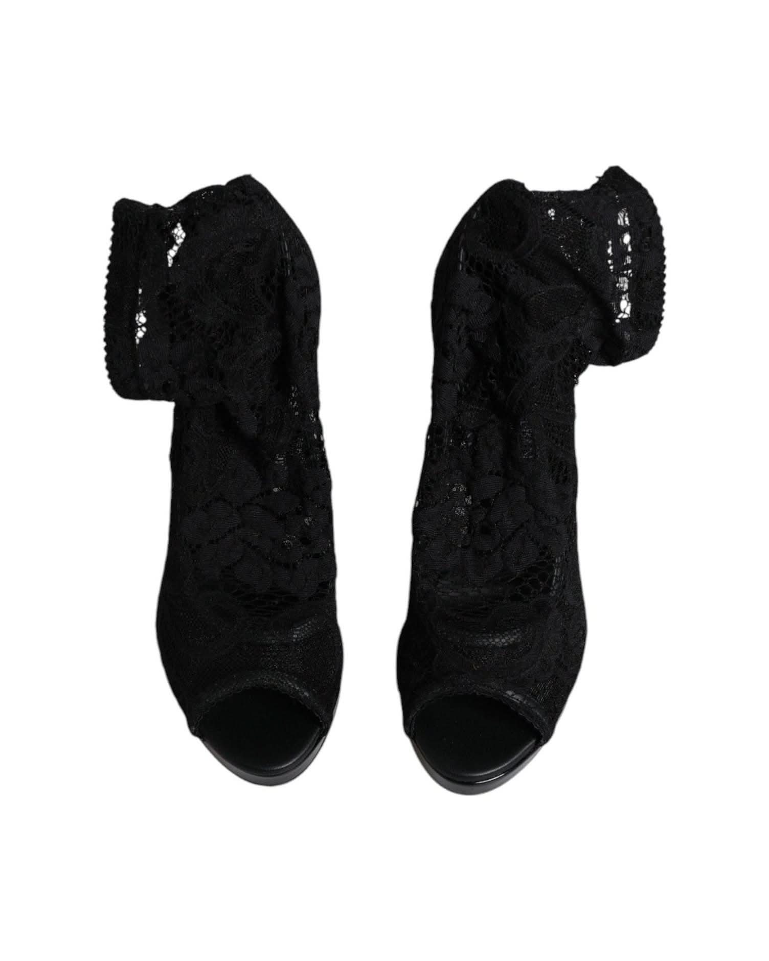 Dolce & Gabbana Black Stretch Taormina Lace Boots Shoes Boots