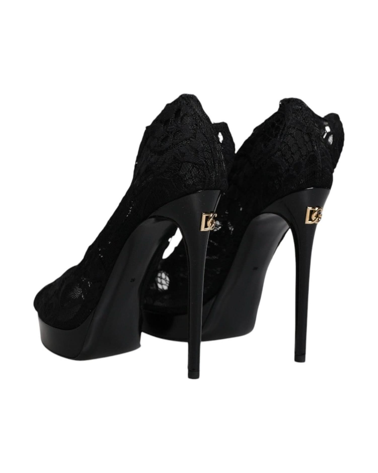 Dolce & Gabbana Black Stretch Taormina Lace Boots Shoes Boots