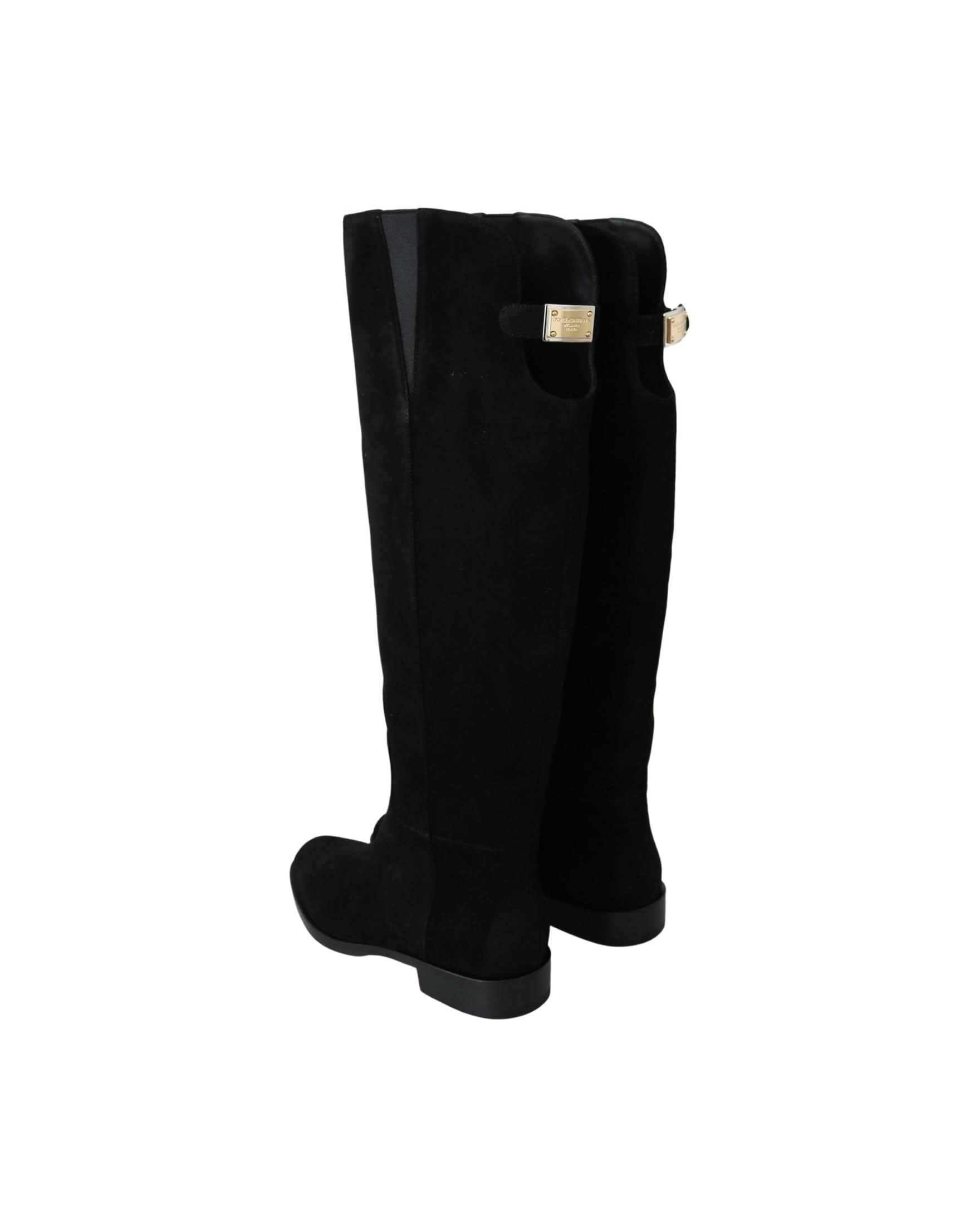 Dolce & Gabbana Black Suede Knee High Flat Boots Boots