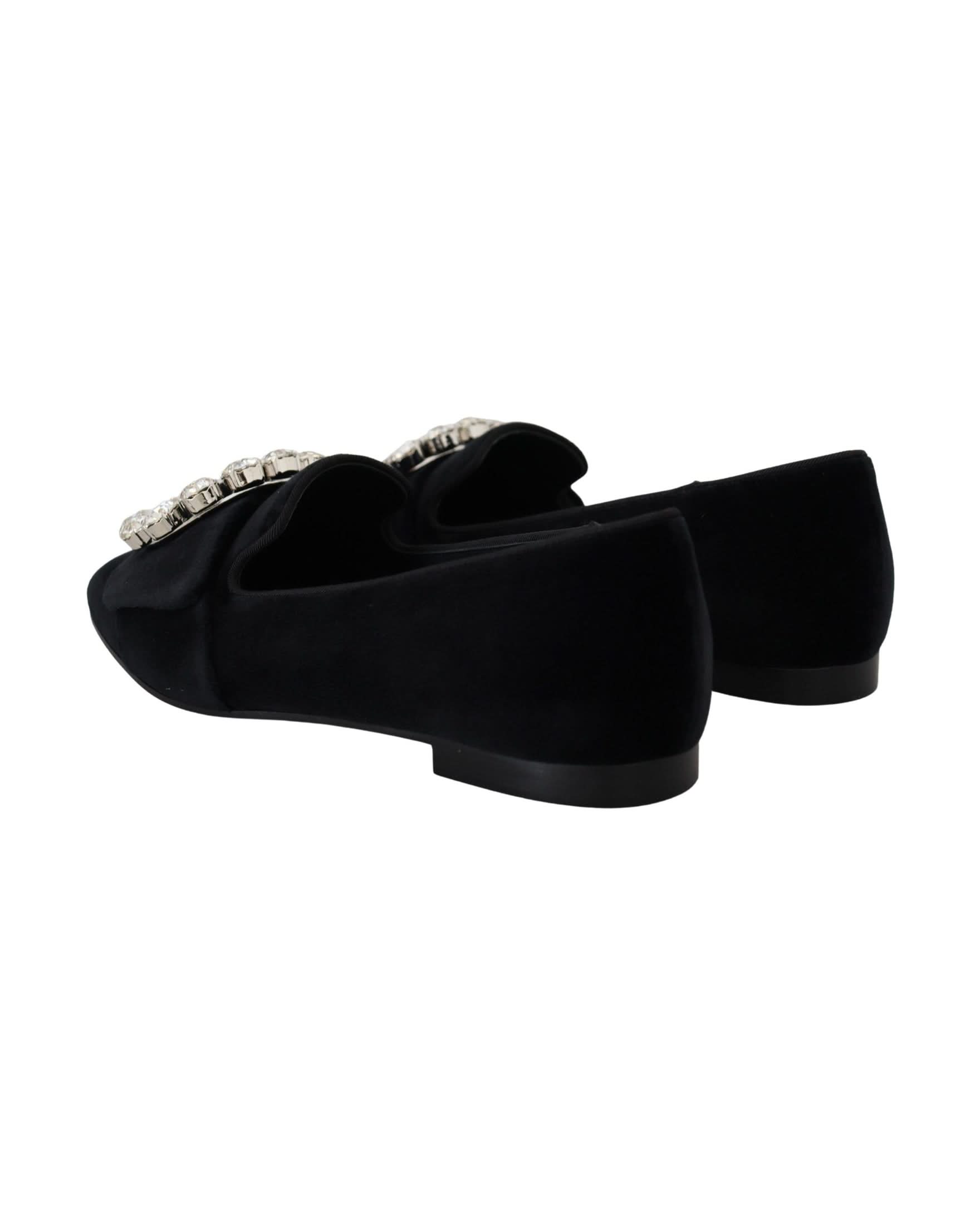 Dolce & Gabbana Black Velvet Crystals Loafers Flats