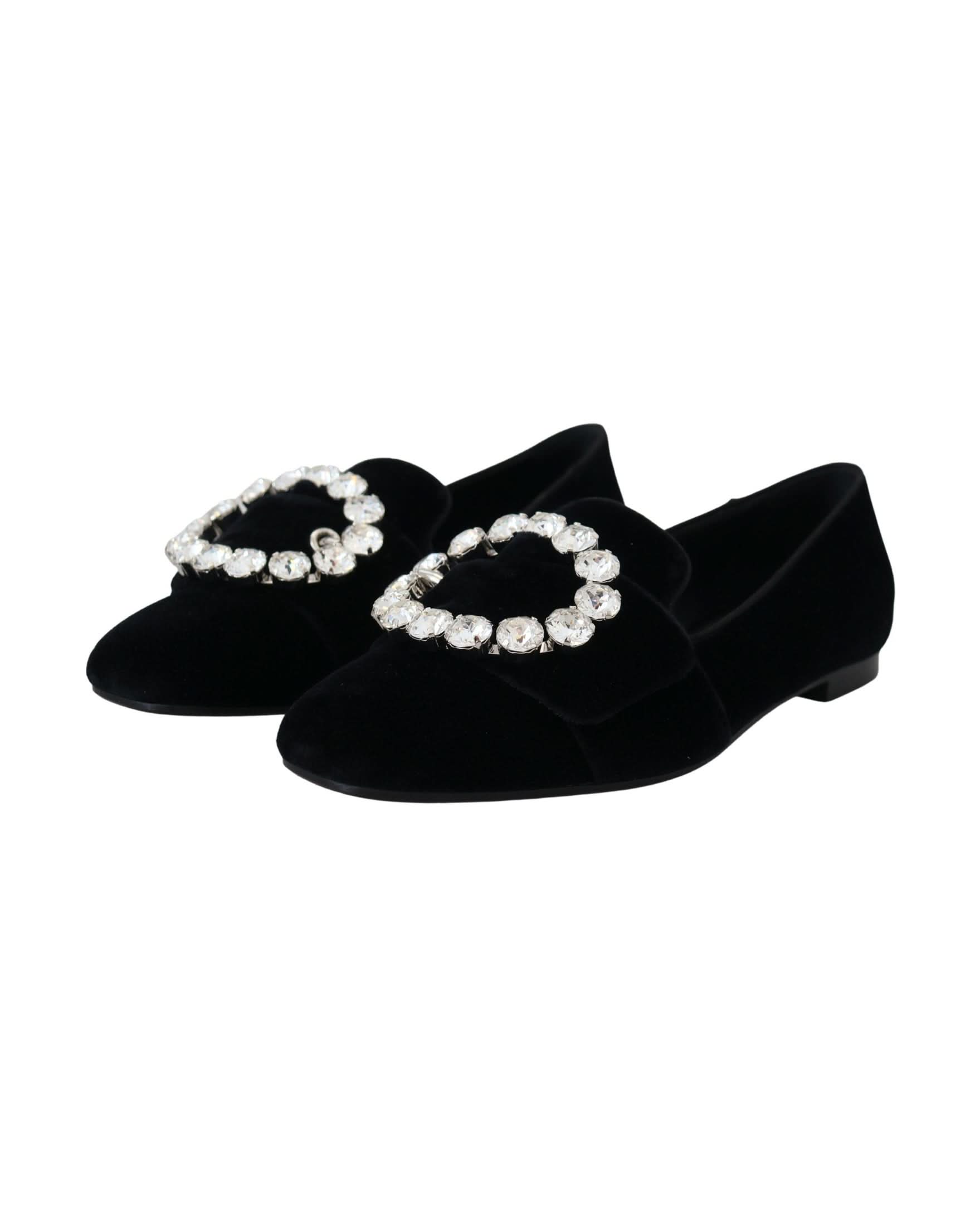 Dolce & Gabbana Black Velvet Crystals Loafers Flats