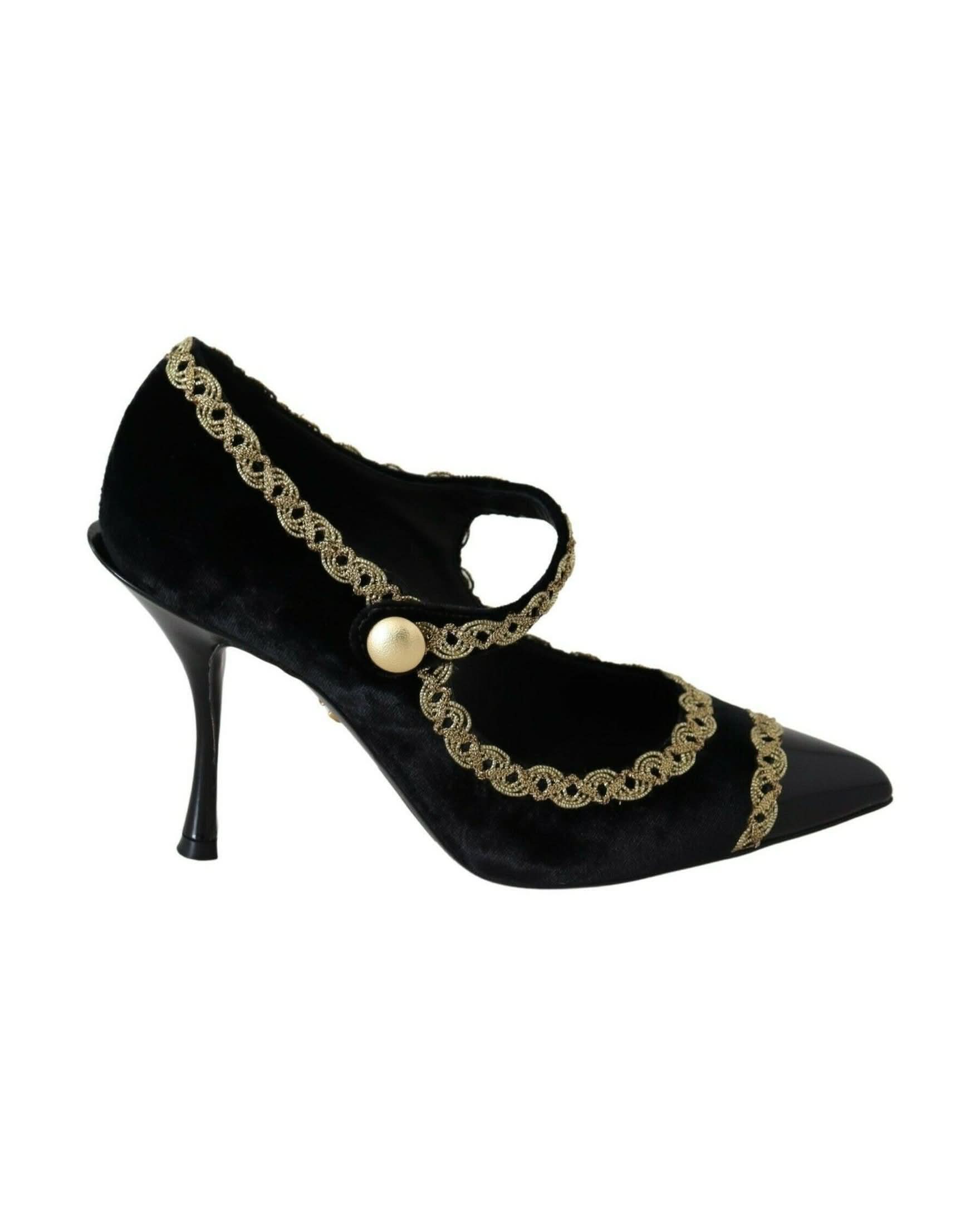 Dolce & Gabbana Black Velvet Embellished Mary Jane Pumps Shoes Heels