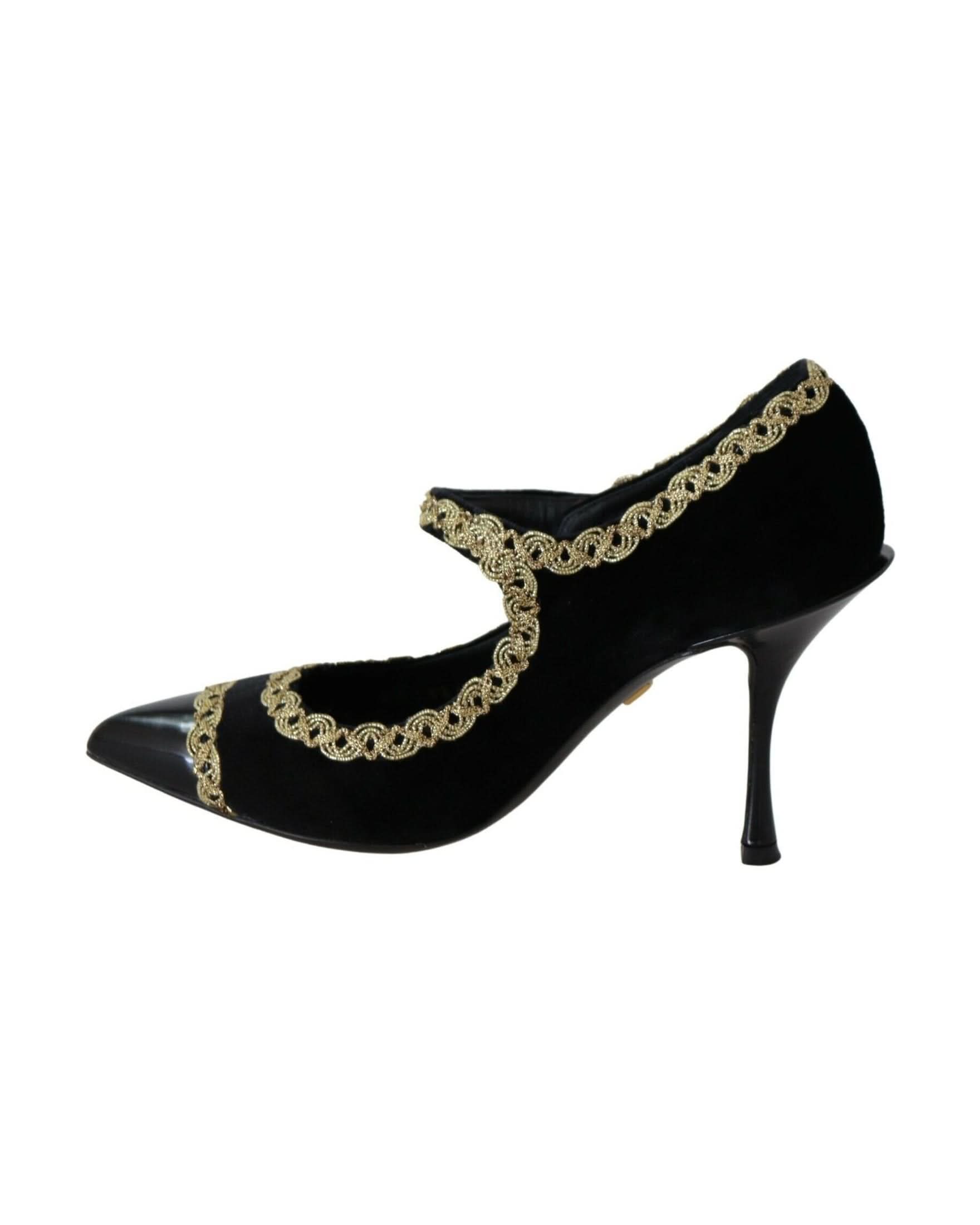 Dolce & Gabbana Black Velvet Embellished Mary Jane Pumps Shoes Heels