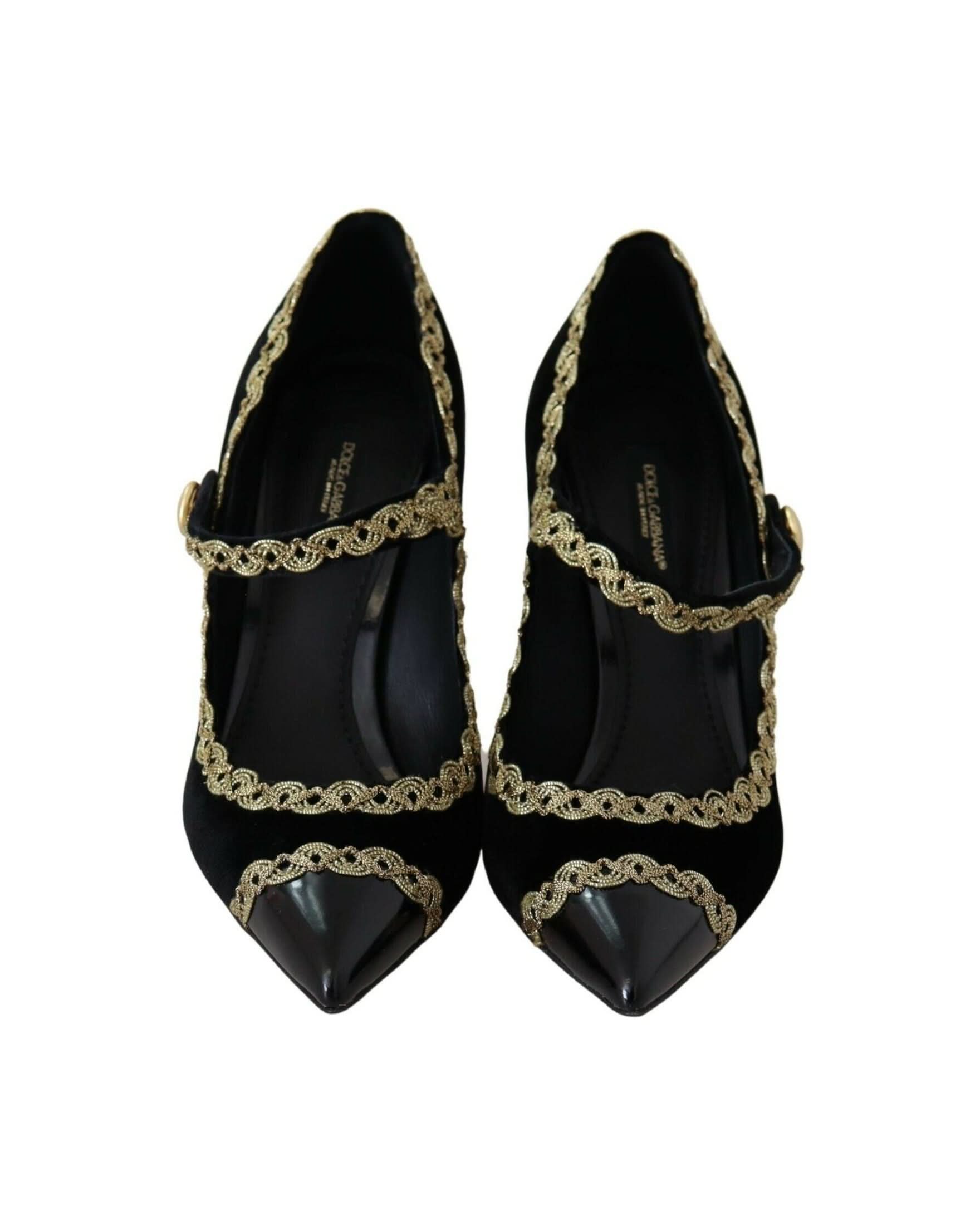 Dolce & Gabbana Black Velvet Embellished Mary Jane Pumps Shoes Heels