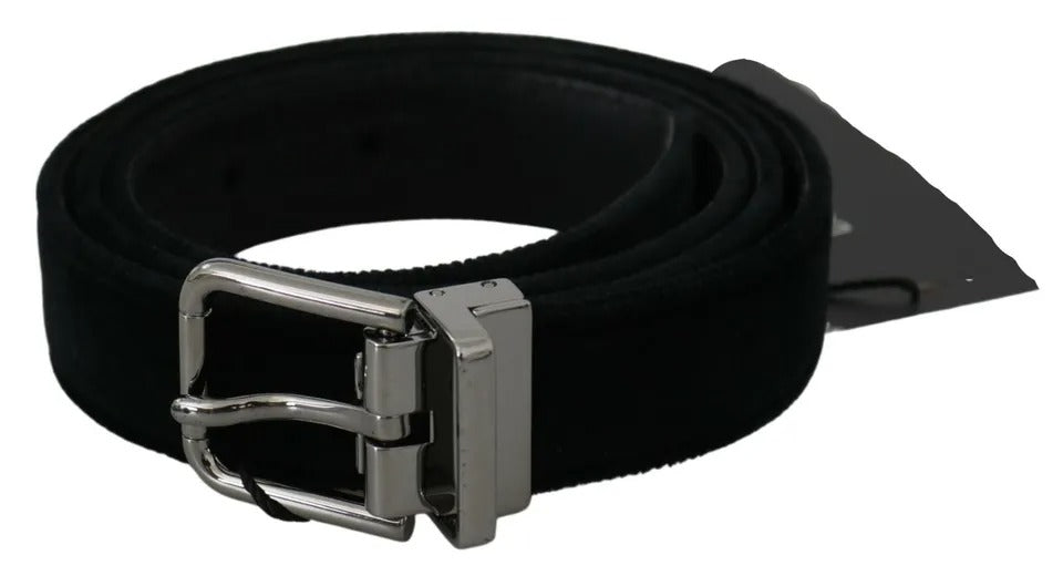 Dolce & Gabbana Black Velvet Leather Silver Buckle Belt Glam Steals