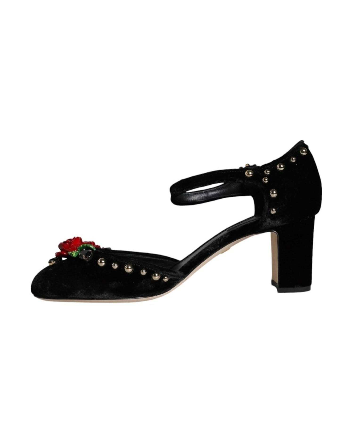 Dolce & Gabbana Black Velvet Roses Ankle Strap Pumps Shoes Heels