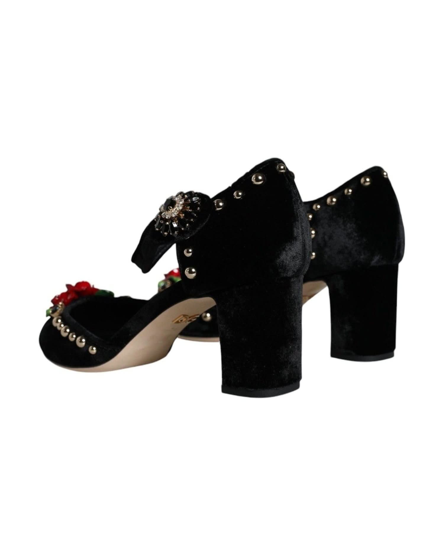 Dolce & Gabbana Black Velvet Roses Ankle Strap Pumps Shoes Heels