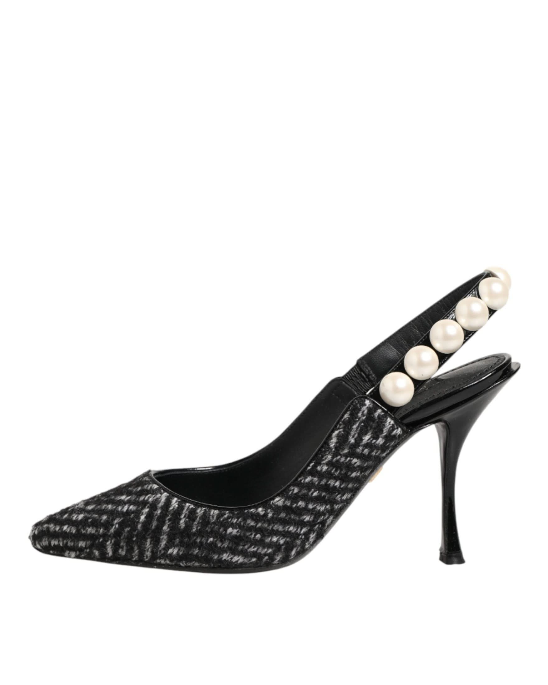 Dolce & Gabbana Black White Chevron Faux Pearl Slingbacks Shoes Heels