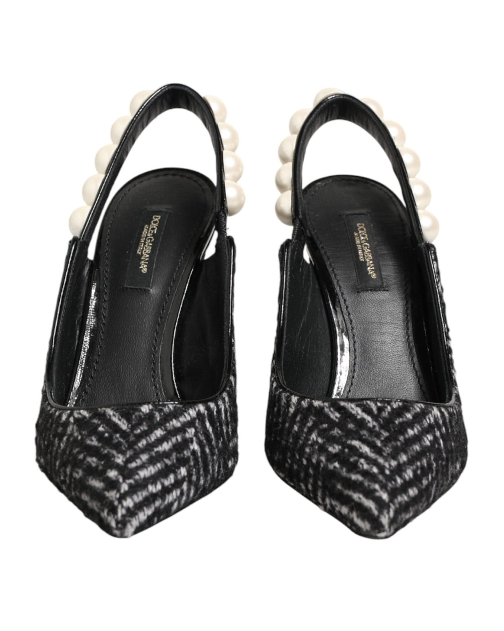 Dolce & Gabbana Black White Chevron Faux Pearl Slingbacks Shoes Heels