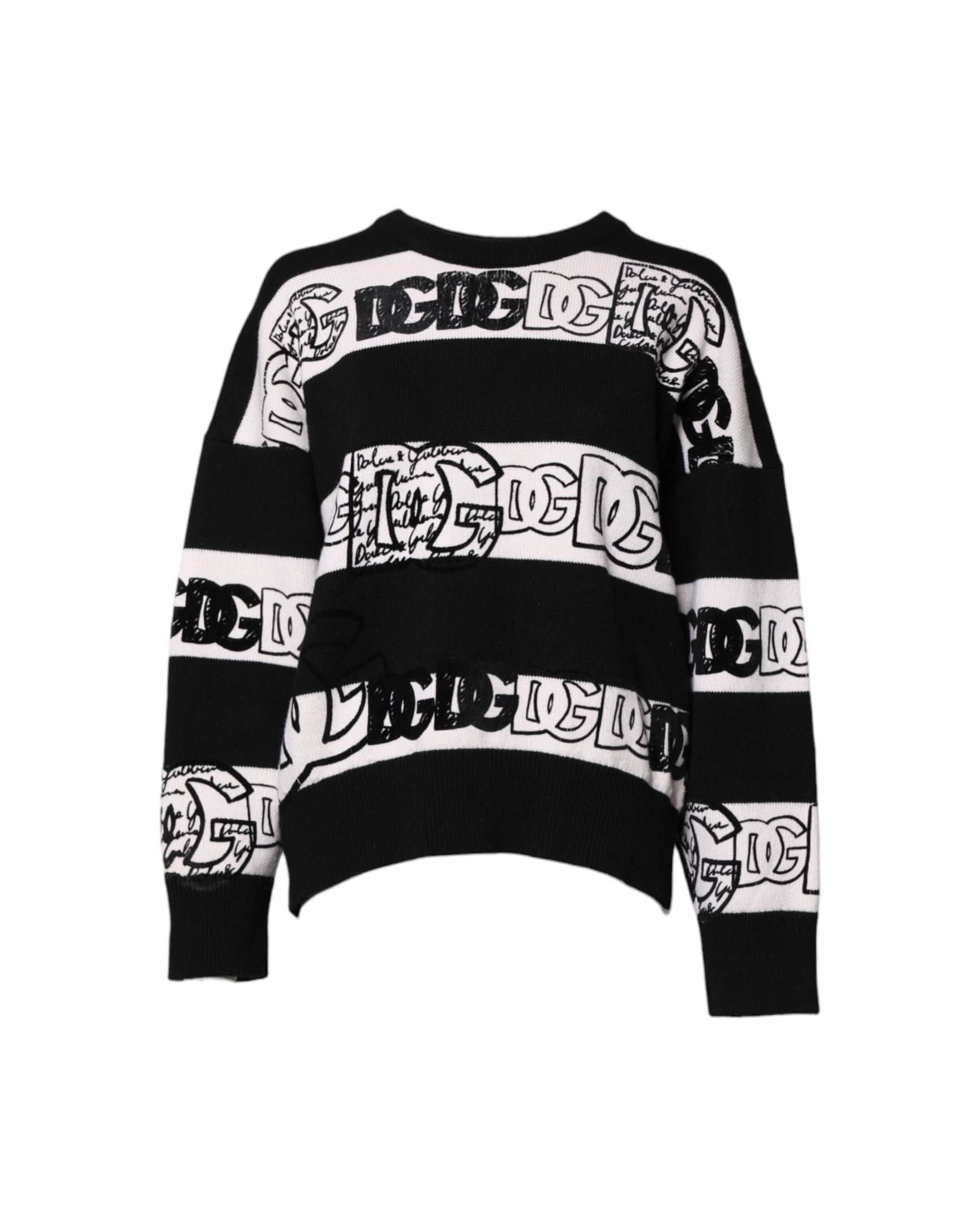 Dolce & Gabbana Black Wool White Logo Print Pullover Sweater Sweaters