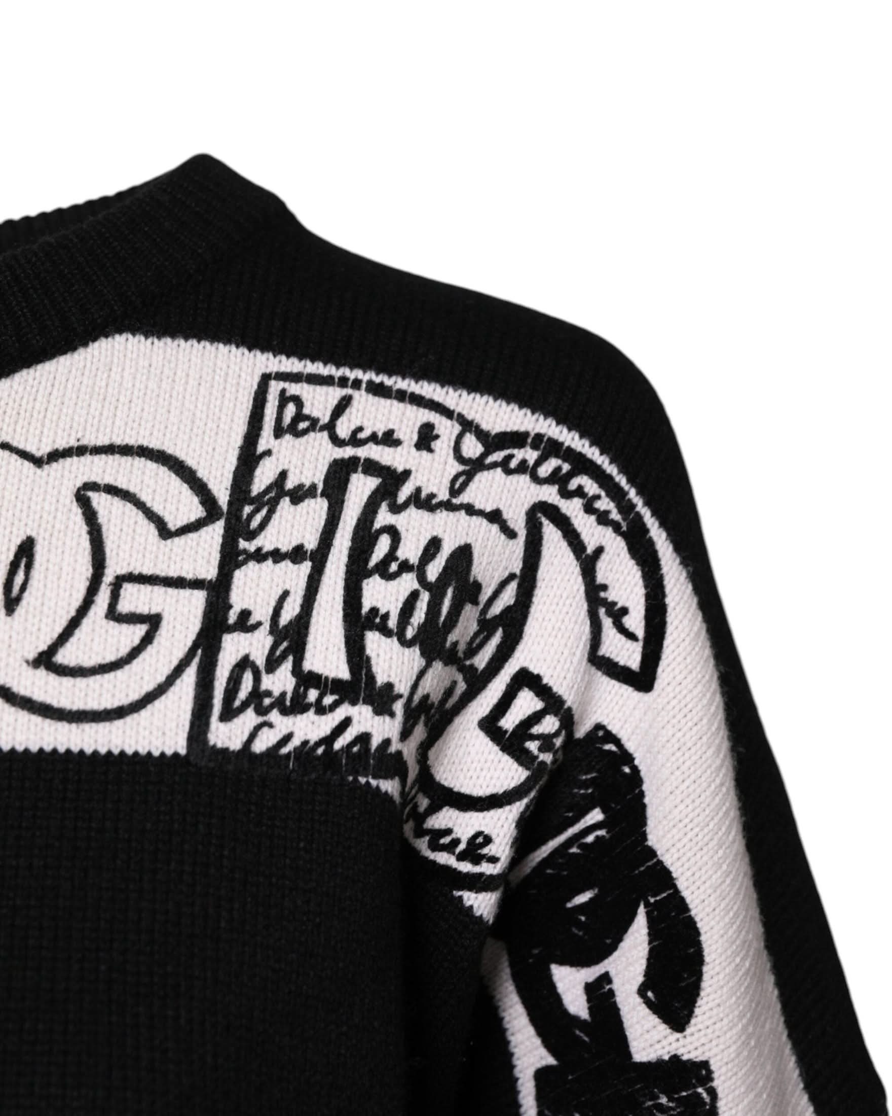 Dolce & Gabbana Black Wool White Logo Print Pullover Sweater Sweaters