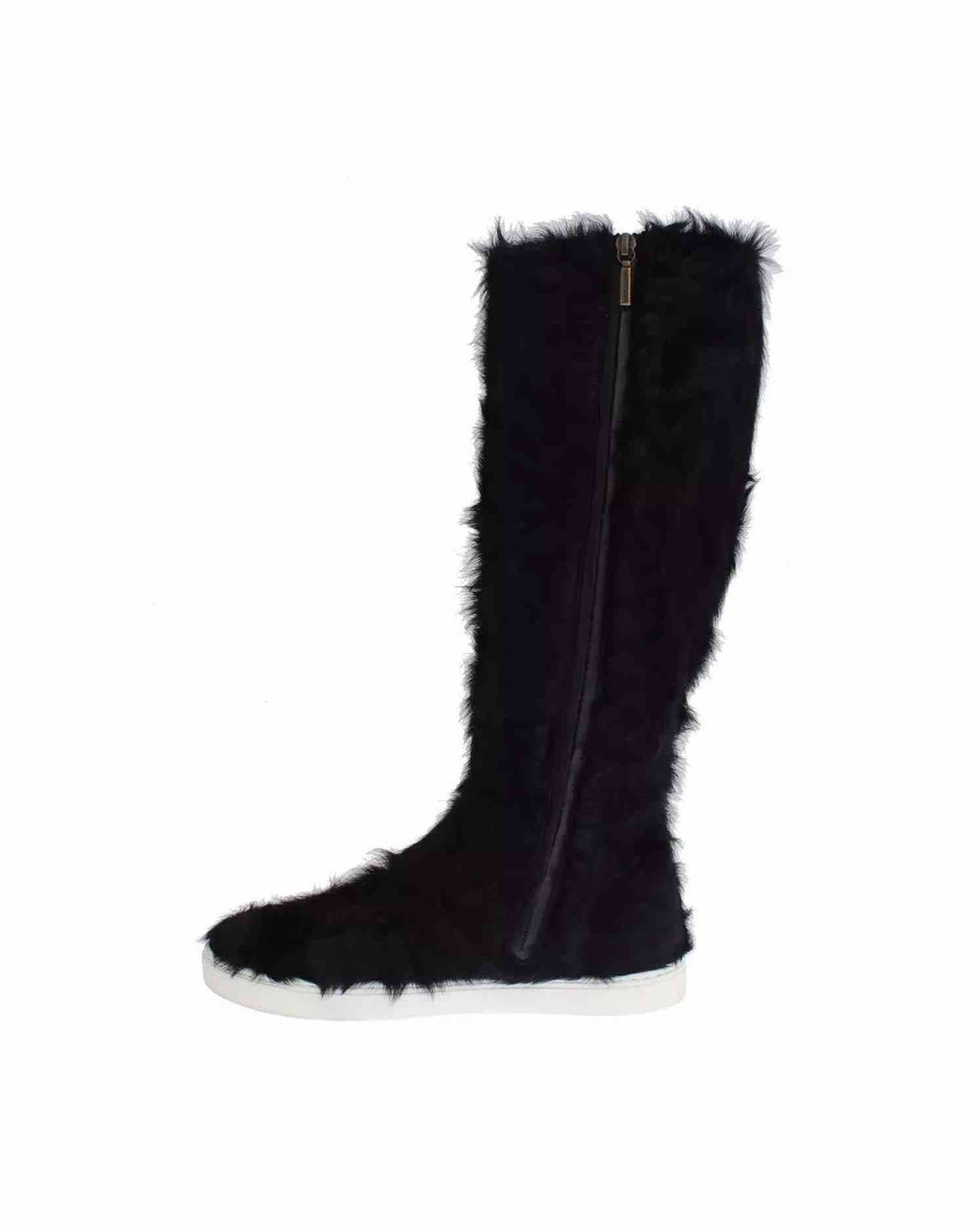Dolce & Gabbana Black Xiangao Lamb Fur Leather Boots Shoes Boots