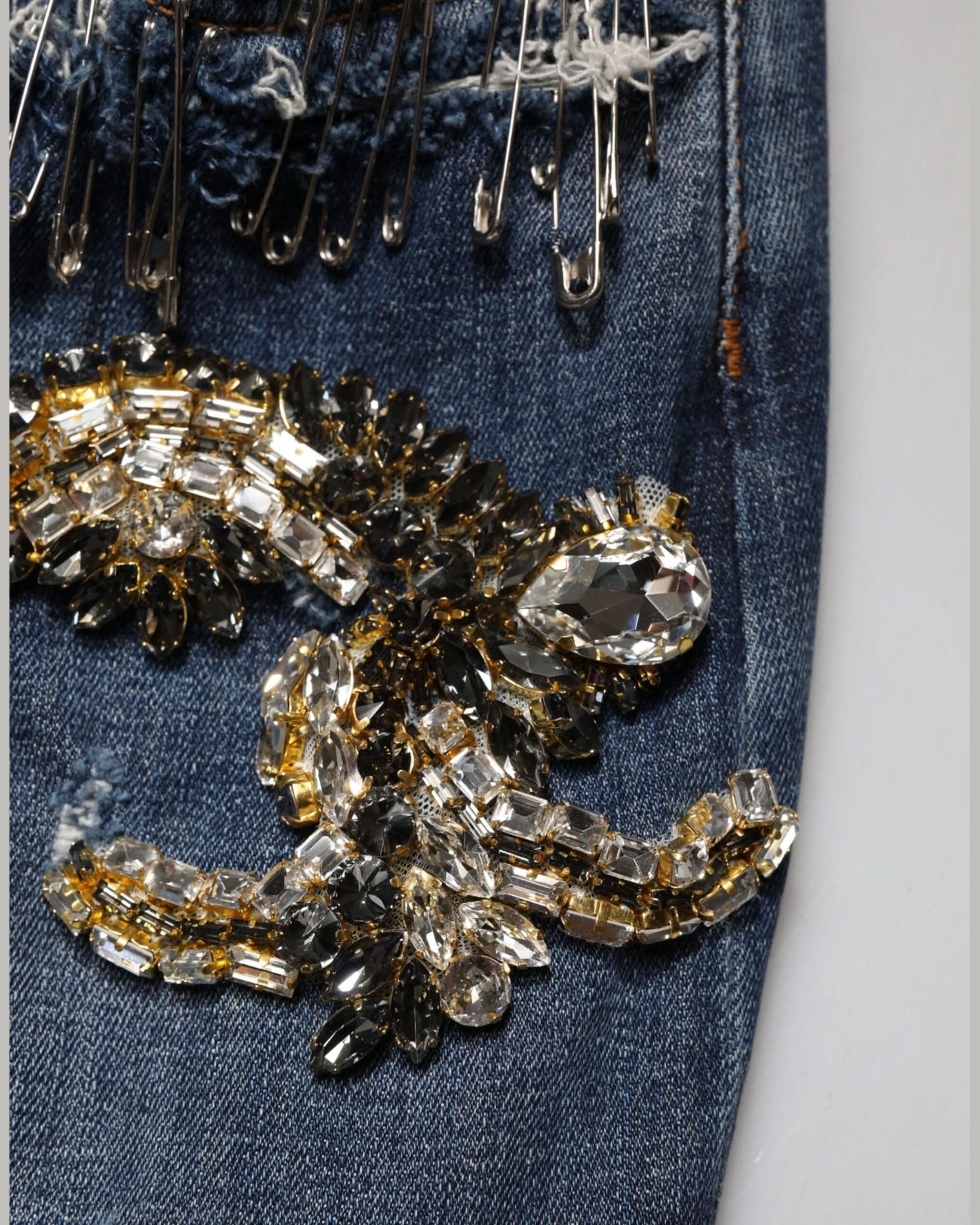 Dolce & Gabbana Blue Cotton Rhinestone Embellish Denim Jeans Trousers
