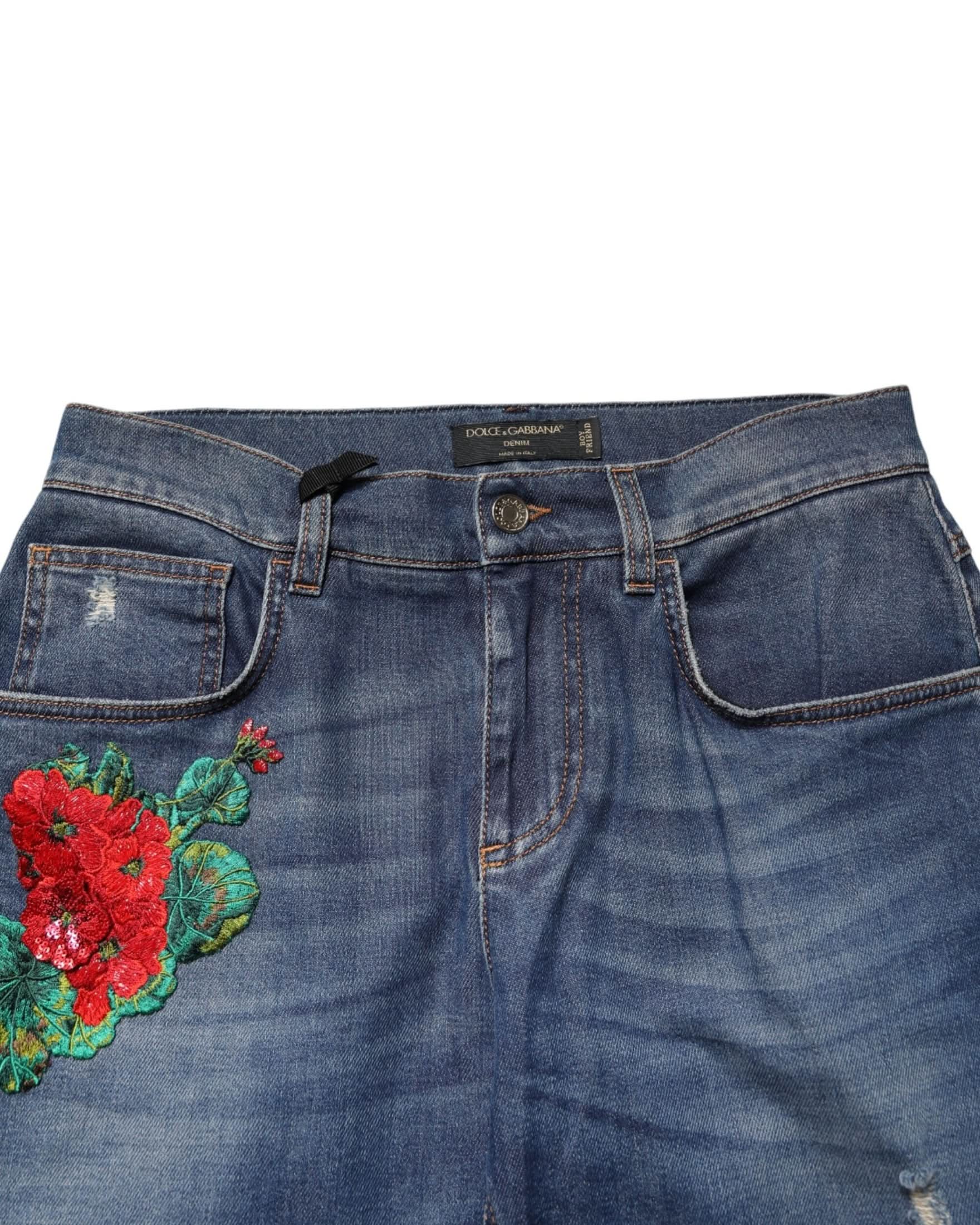 Dolce & Gabbana Blue Denim Floral Embroidered Boyfriend Jeans Jeans