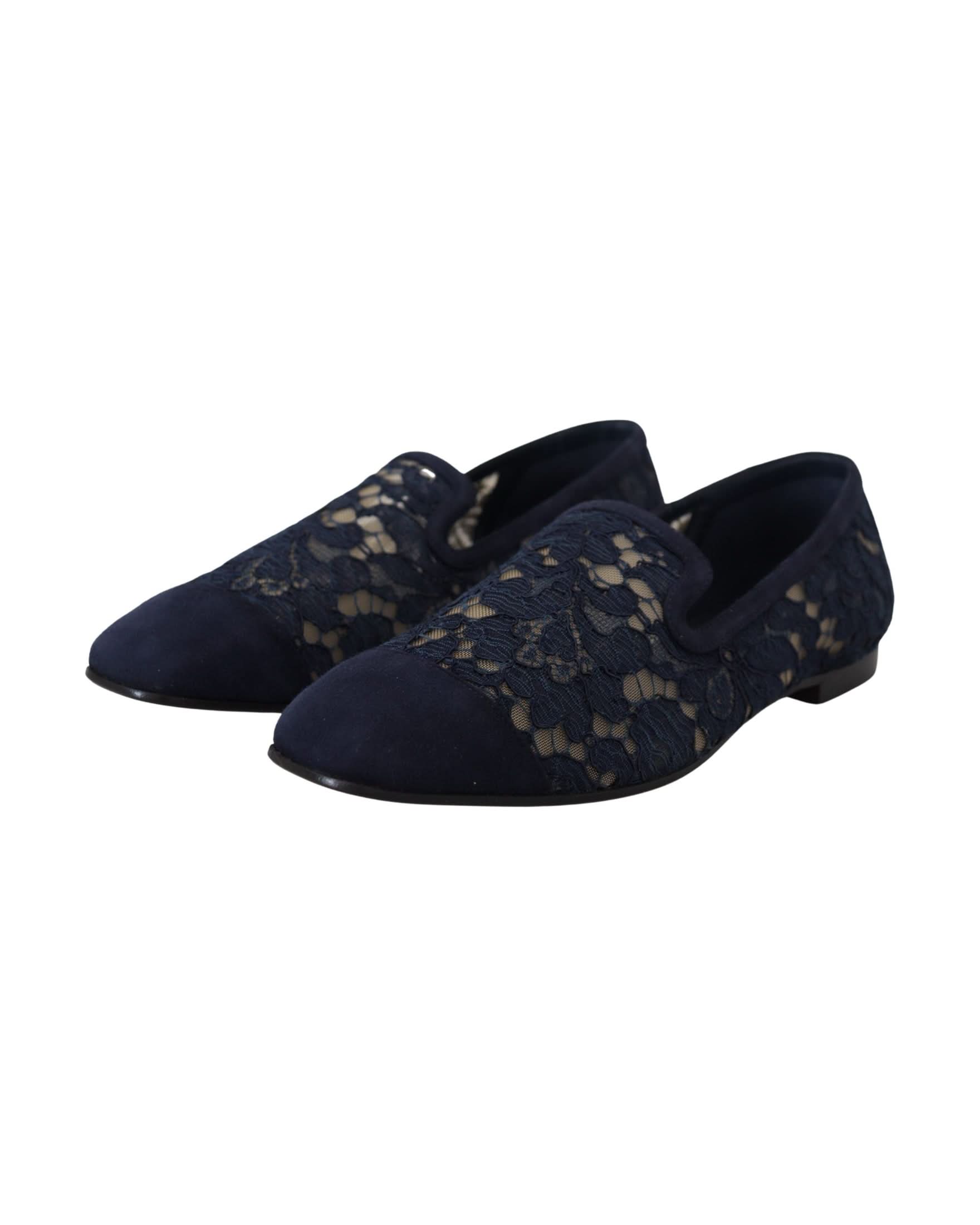 Dolce & Gabbana Blue Lace Floral Slip Ons Loafers Flats