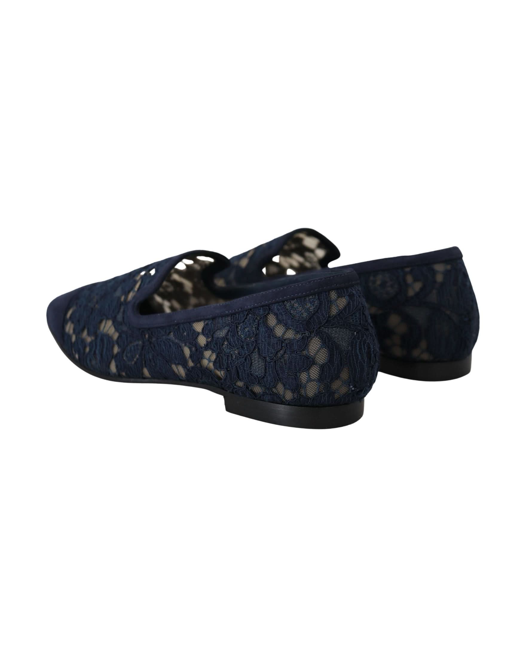 Dolce & Gabbana Blue Lace Floral Slip Ons Loafers Flats