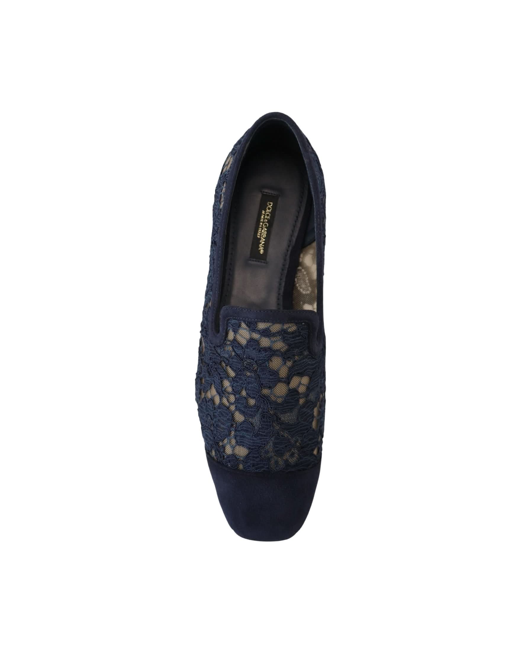 Dolce & Gabbana Blue Lace Floral Slip Ons Loafers Flats