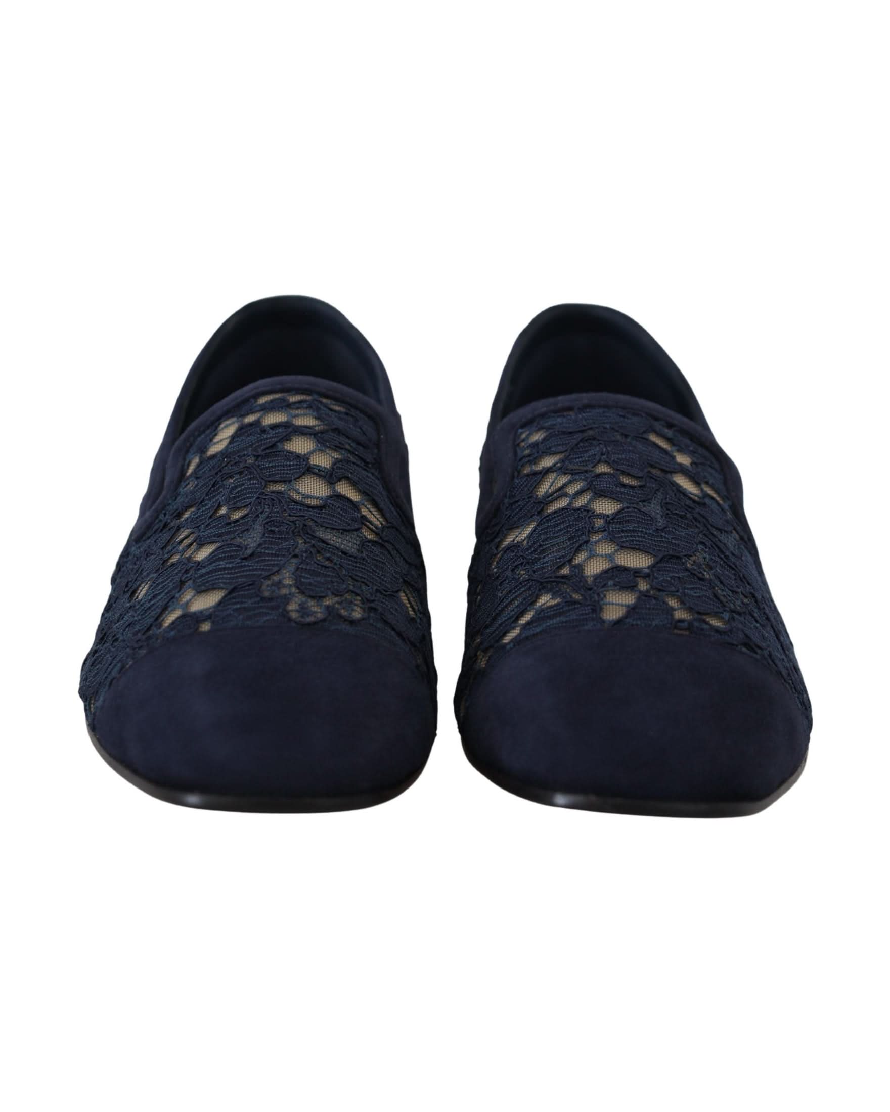 Dolce & Gabbana Blue Lace Floral Slip Ons Loafers Flats