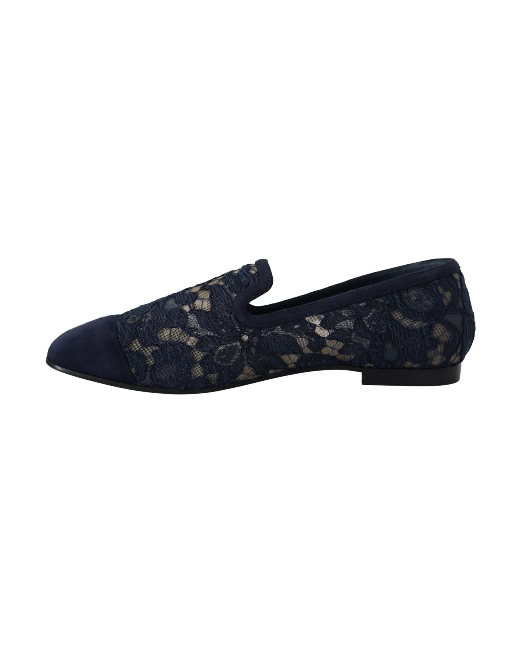 Dolce & Gabbana Blue Lace Floral Slip Ons Loafers Flats
