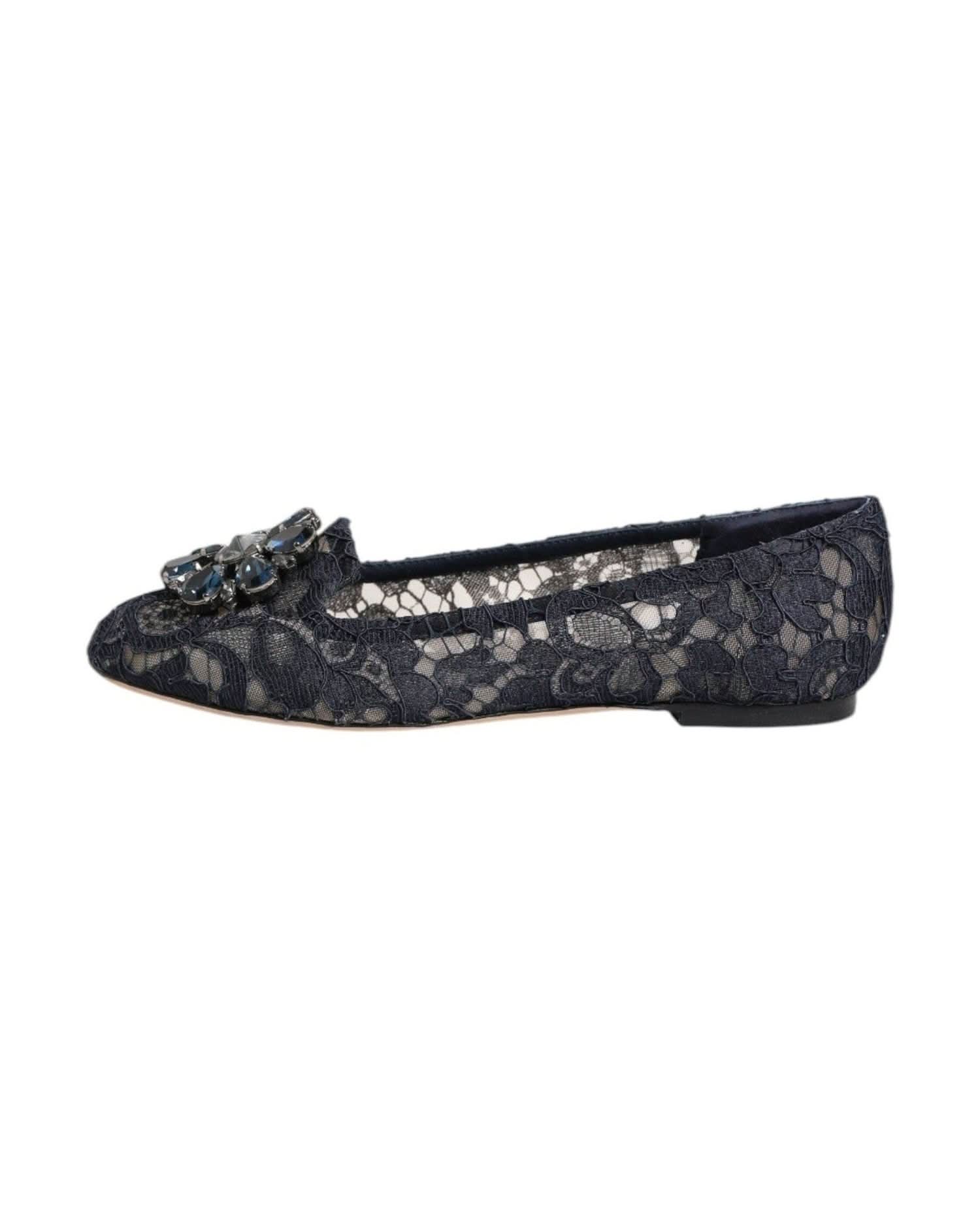 Dolce & Gabbana Blue Lace Taormina Crystals Flats Shoes Shoes