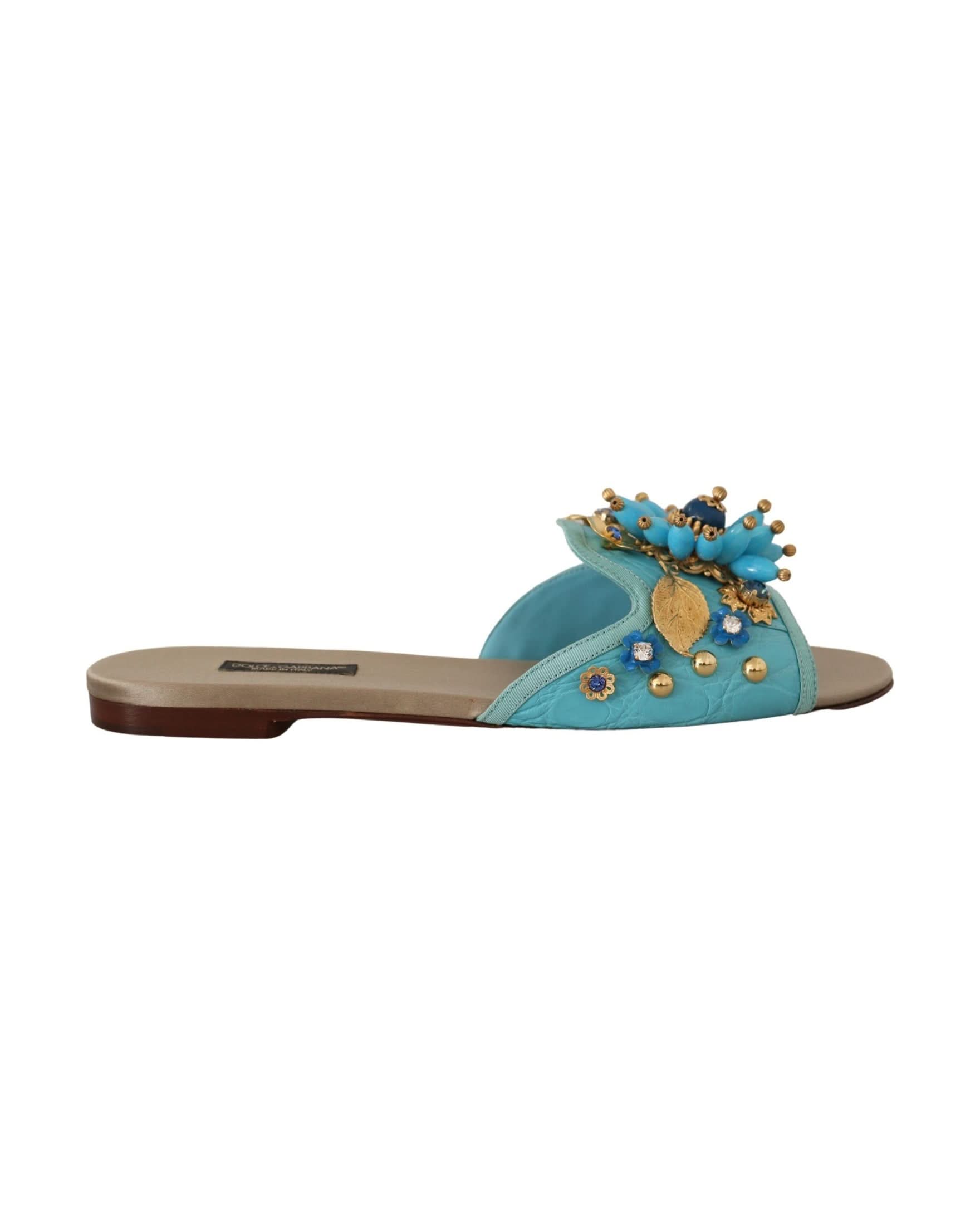 Dolce & Gabbana Blue Leather Crystal Exotic Sandals Flats