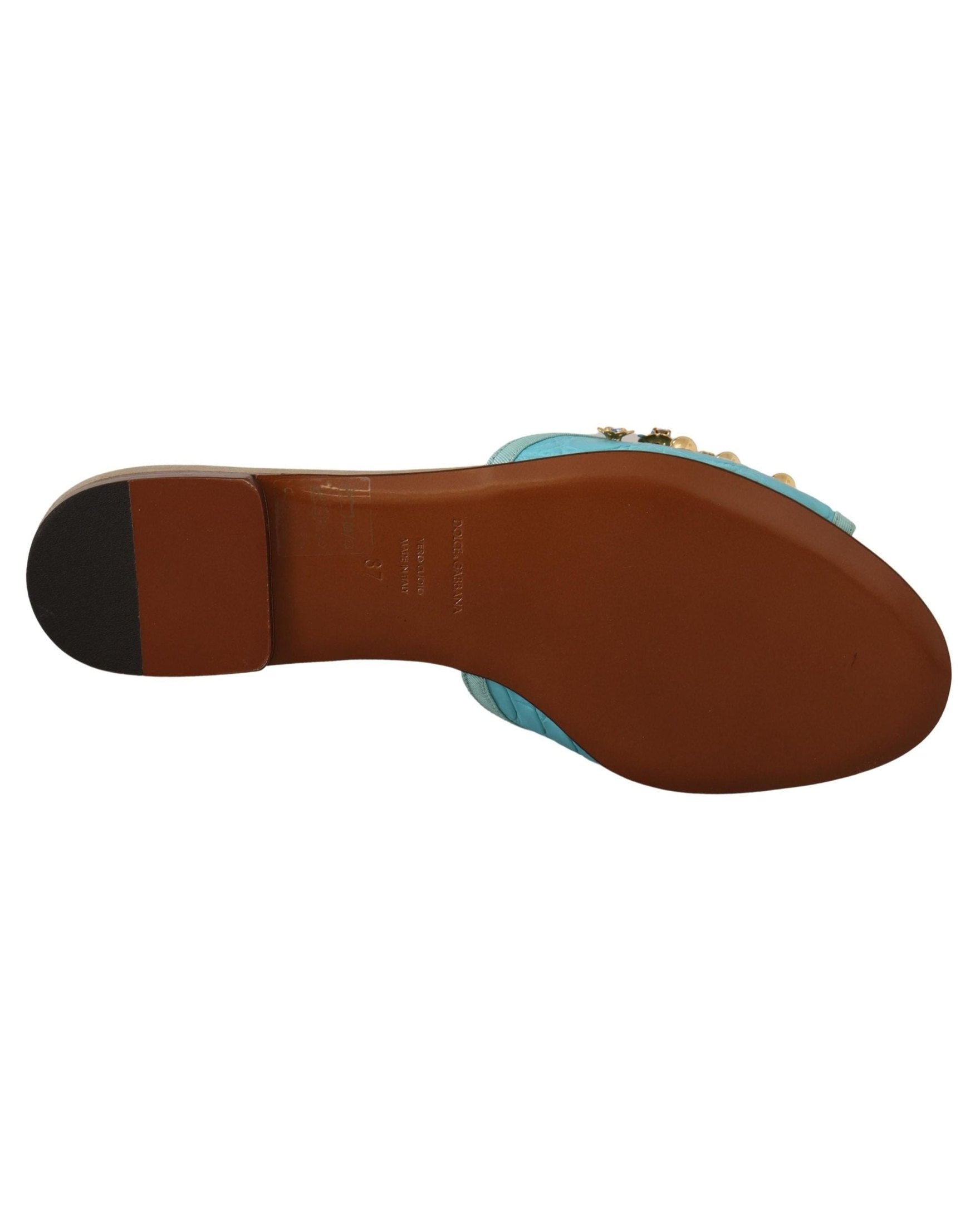 Dolce & Gabbana Blue Leather Crystal Exotic Sandals Flats