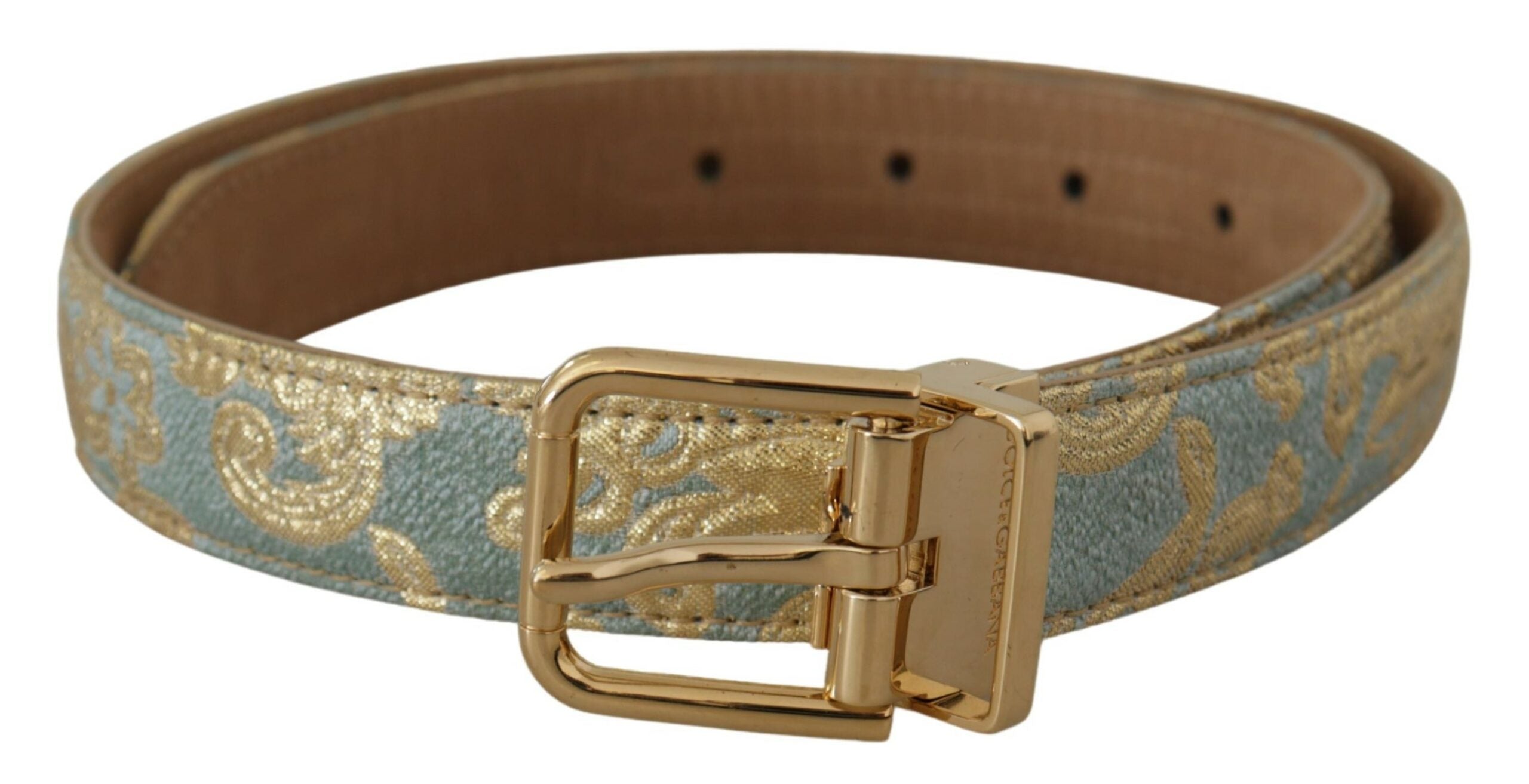 Dolce & Gabbana Blue Leather Jacquard Embossed Gold Metal Buckle Belt Glam Steals