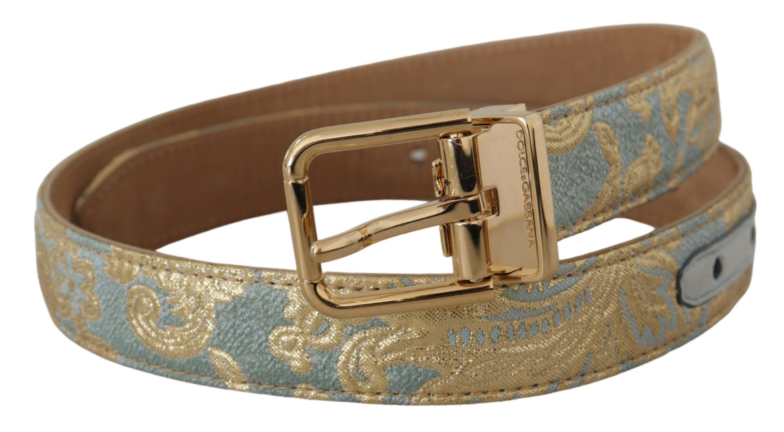 Dolce & Gabbana Blue Leather Jacquard Embossed Gold Metal Buckle Belt Glam Steals