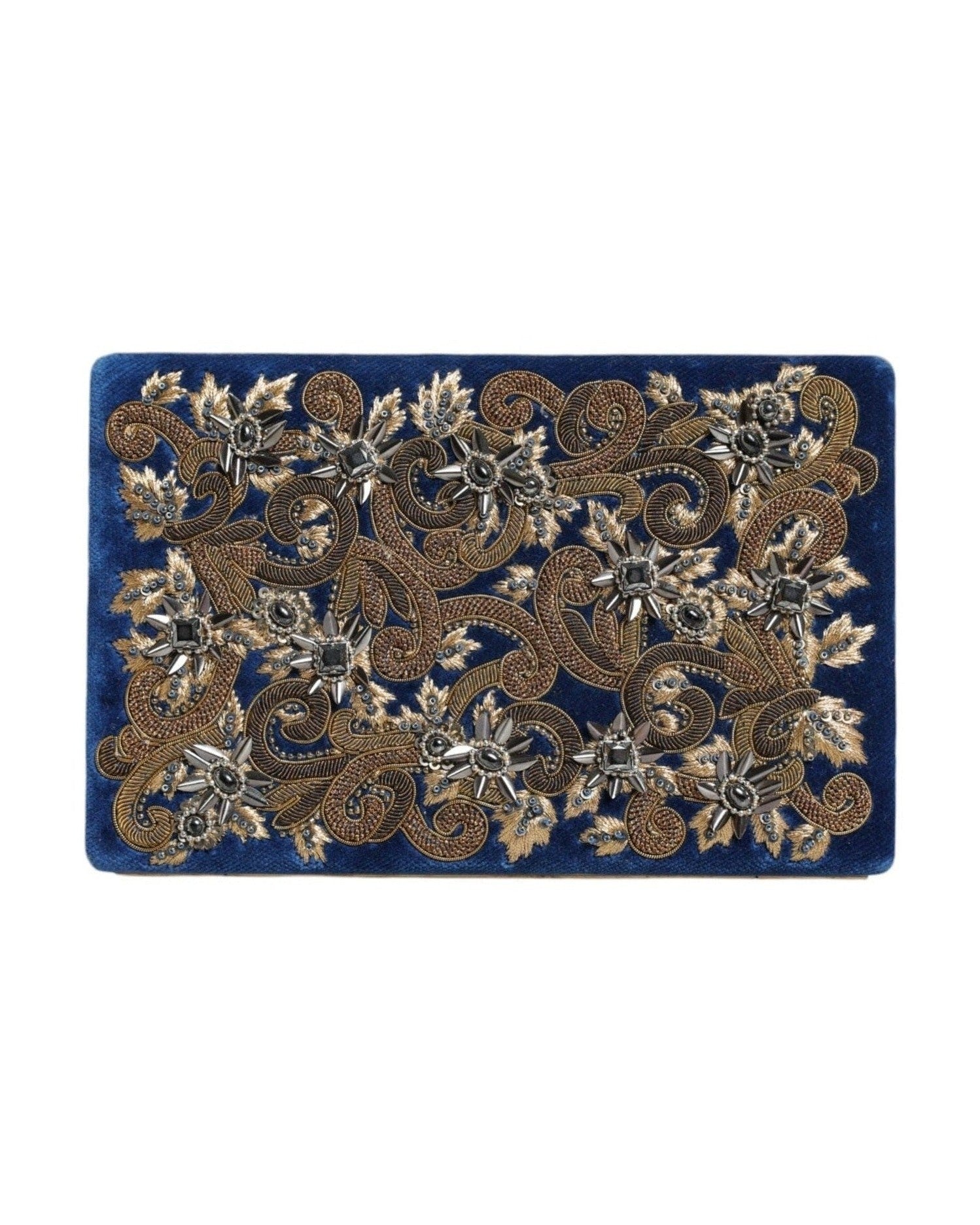 Dolce & Gabbana Velvet Frame Clutch Evening Party Purse Blue Gold Bag Glam Steals