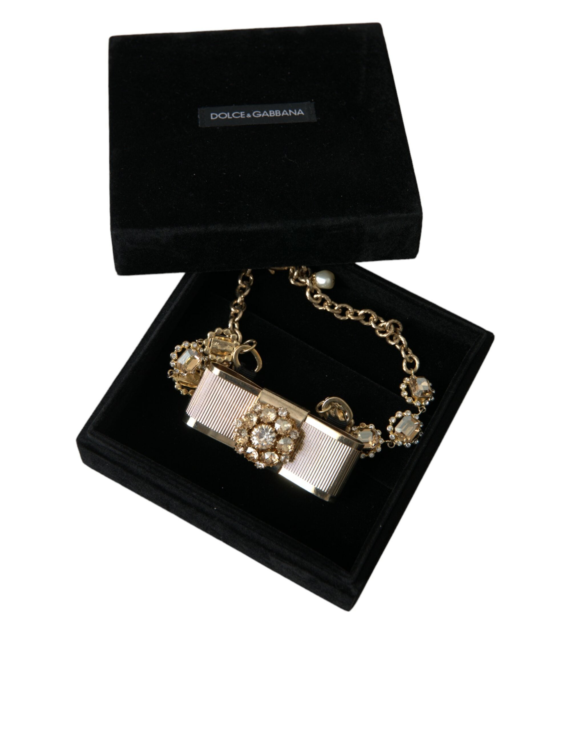 Dolce & Gabbana Brass Crystal Bow Chain Choker Gold Clear Necklace Glam Steals