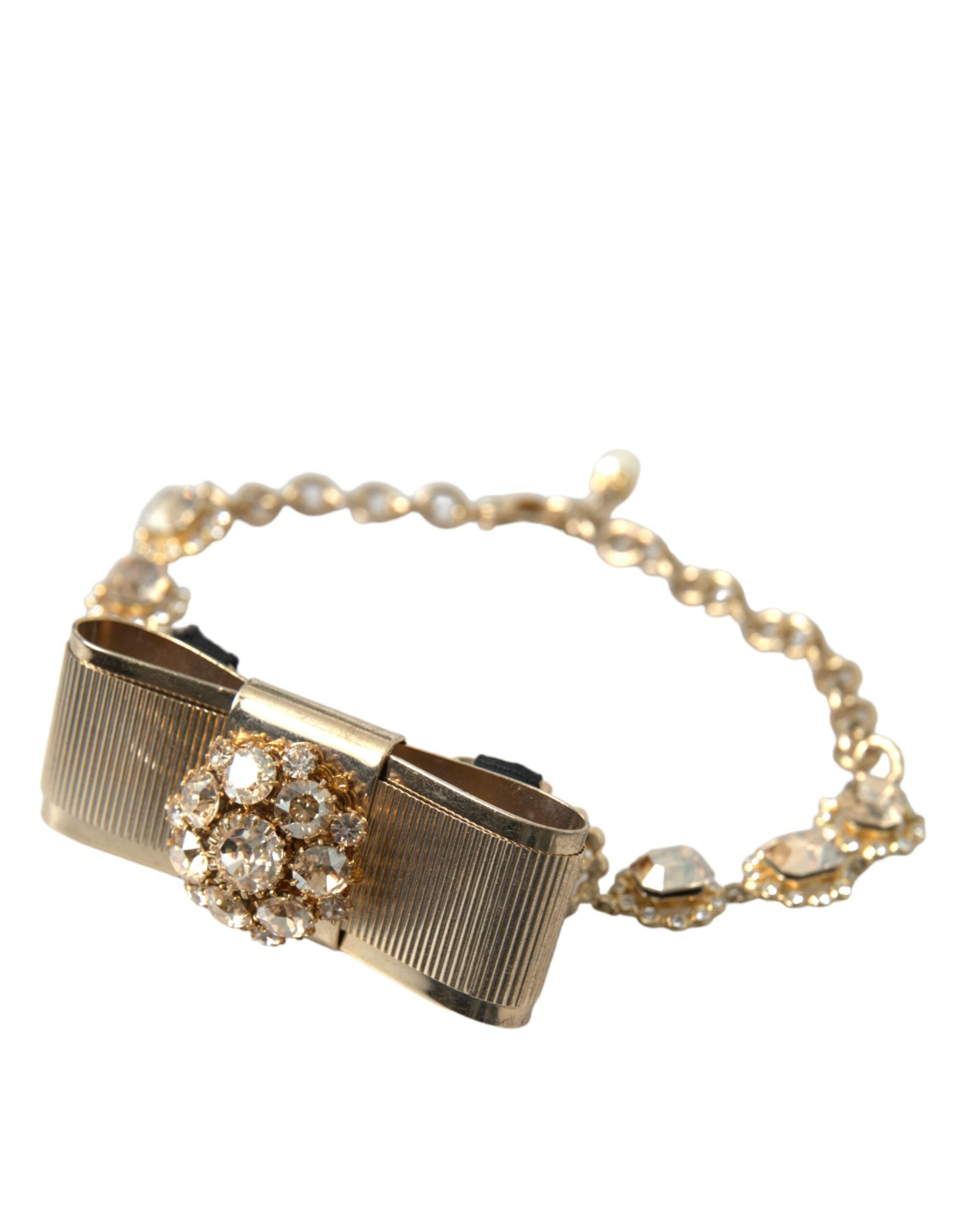 Dolce & Gabbana Brass Crystal Bow Chain Choker Gold Clear Necklace Glam Steals