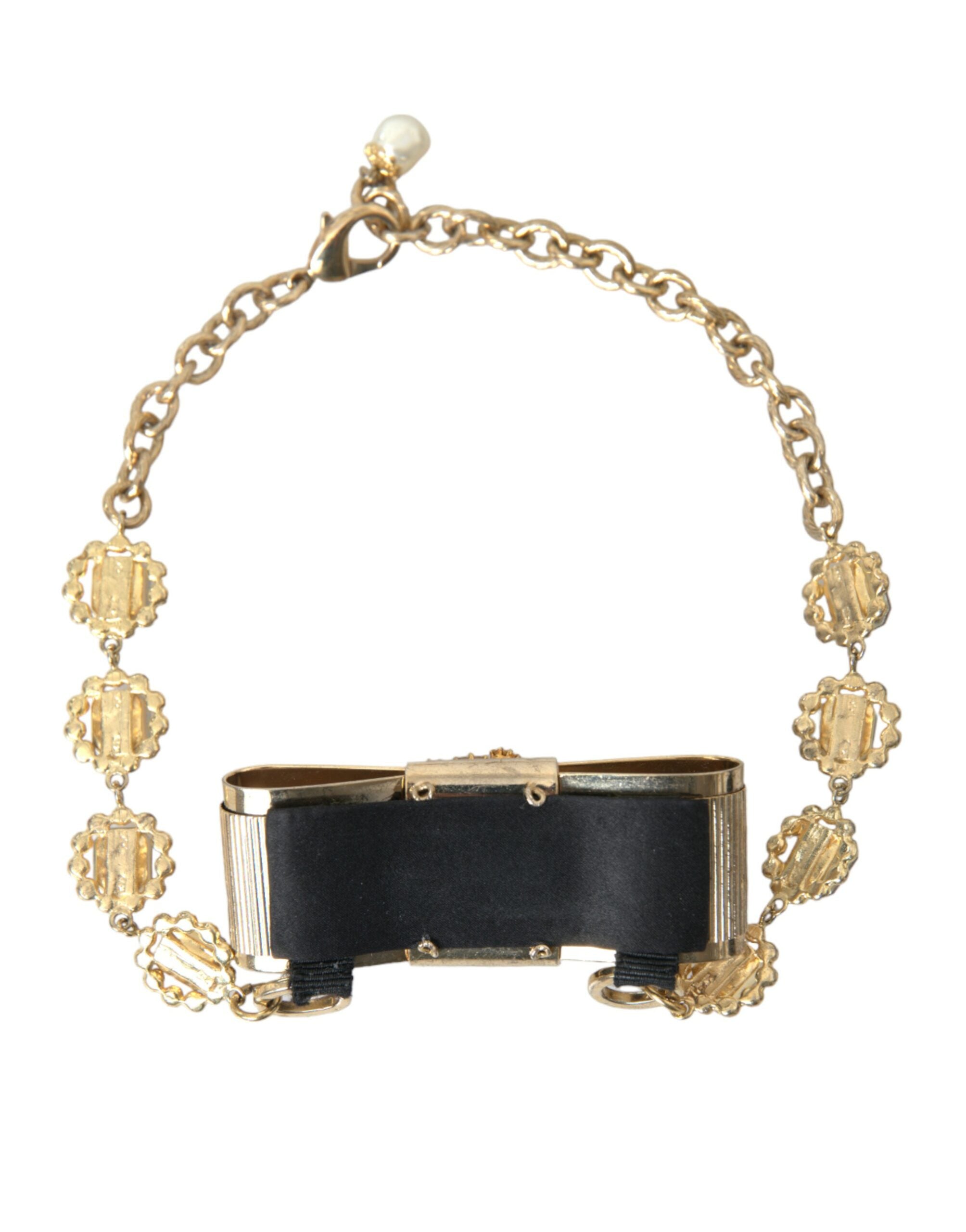 Dolce & Gabbana Brass Crystal Bow Chain Choker Gold Clear Necklace Glam Steals