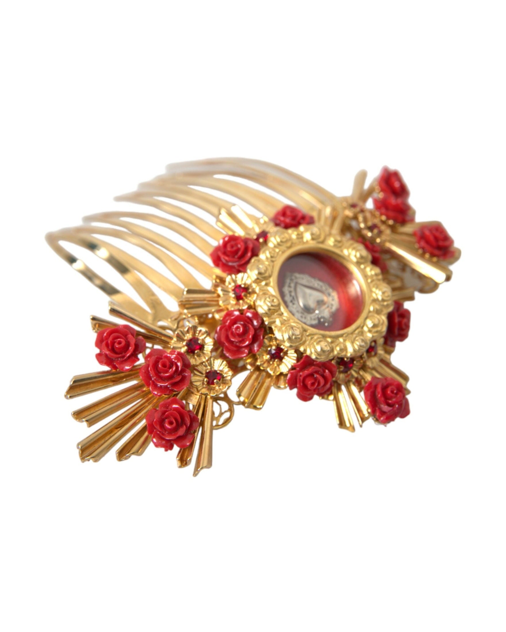 Dolce & Gabbana Brass Crystal Heart Floral Hair Gold Comb Glam Steals