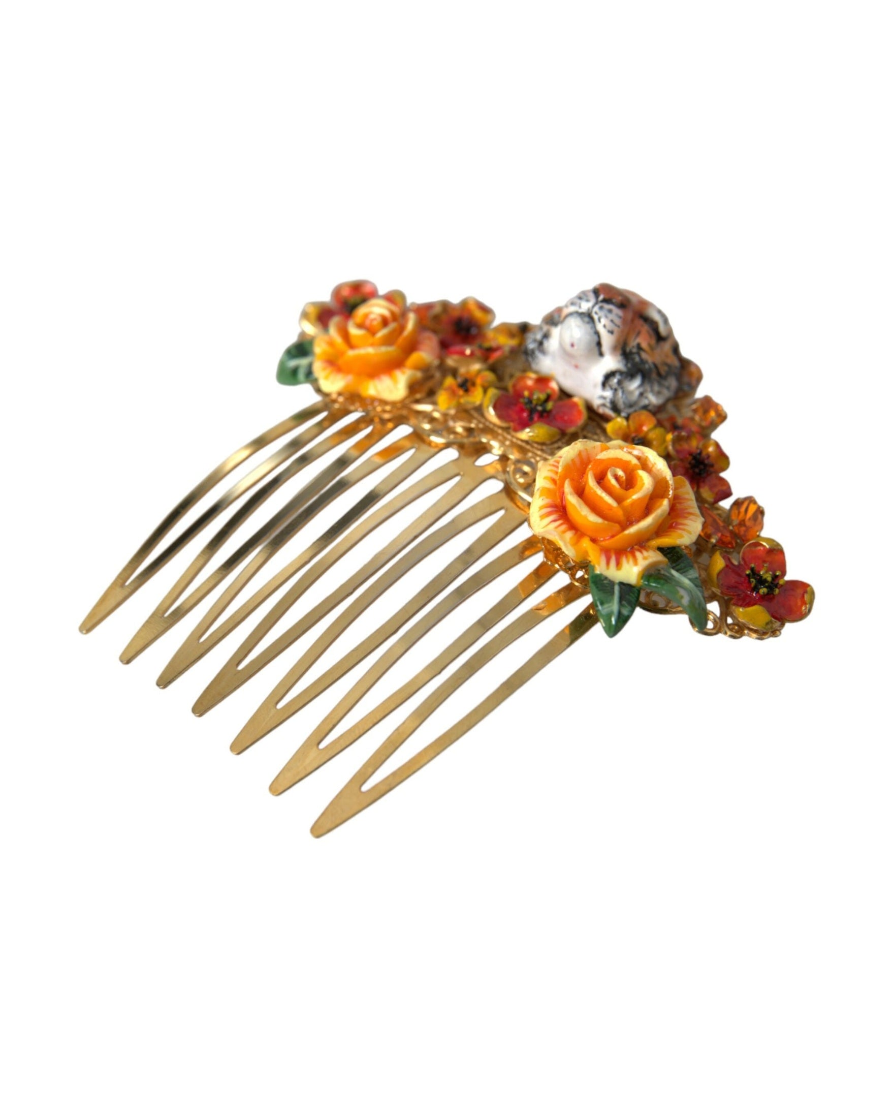 Dolce & Gabbana Brass Crystal Leopard Floral Hair Gold Comb Glam Steals
