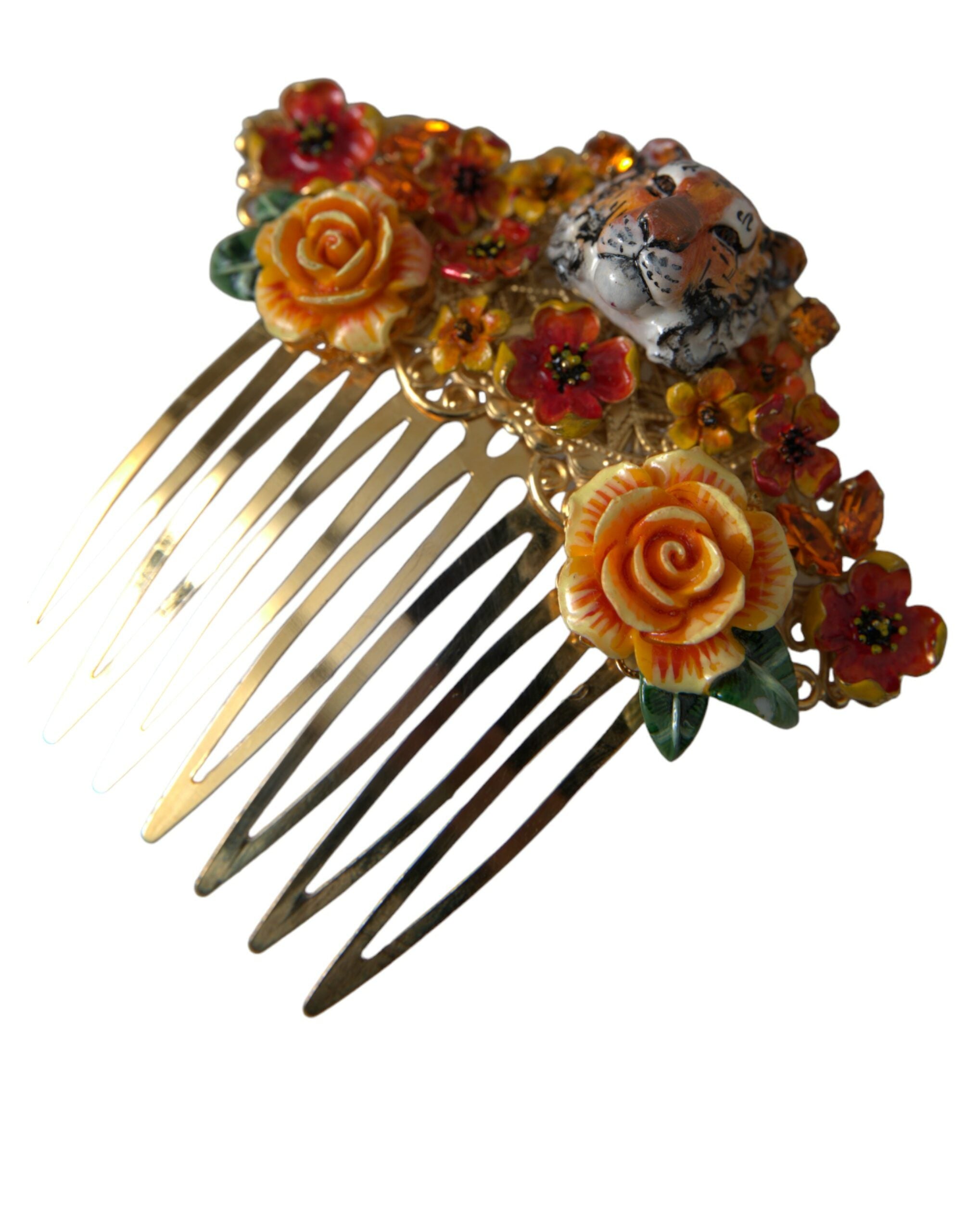 Dolce & Gabbana Brass Crystal Leopard Floral Hair Gold Comb Glam Steals