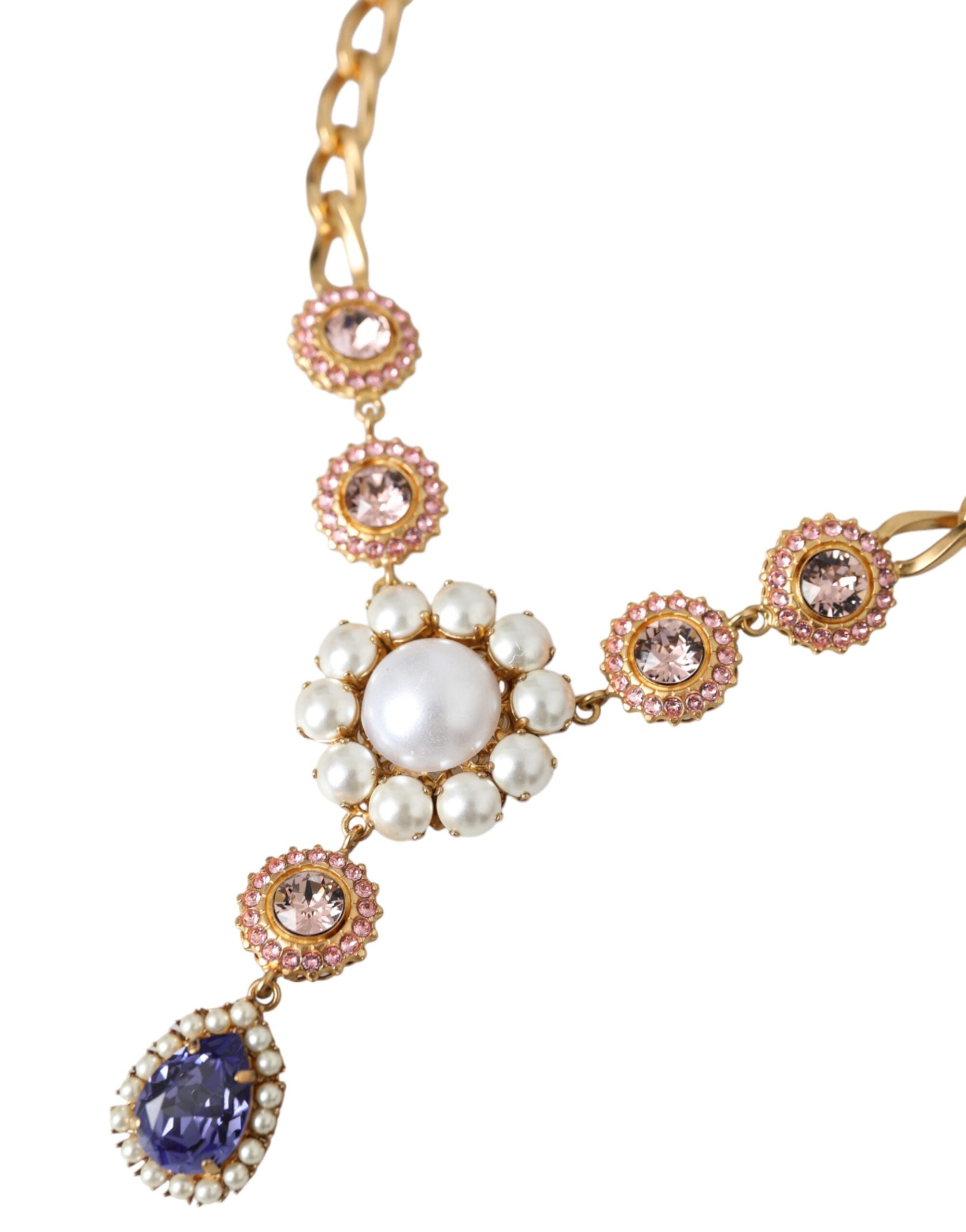 Dolce & Gabbana Brass Crystal Pearl Pendants Gold Purple Pink Necklace Glam Steals