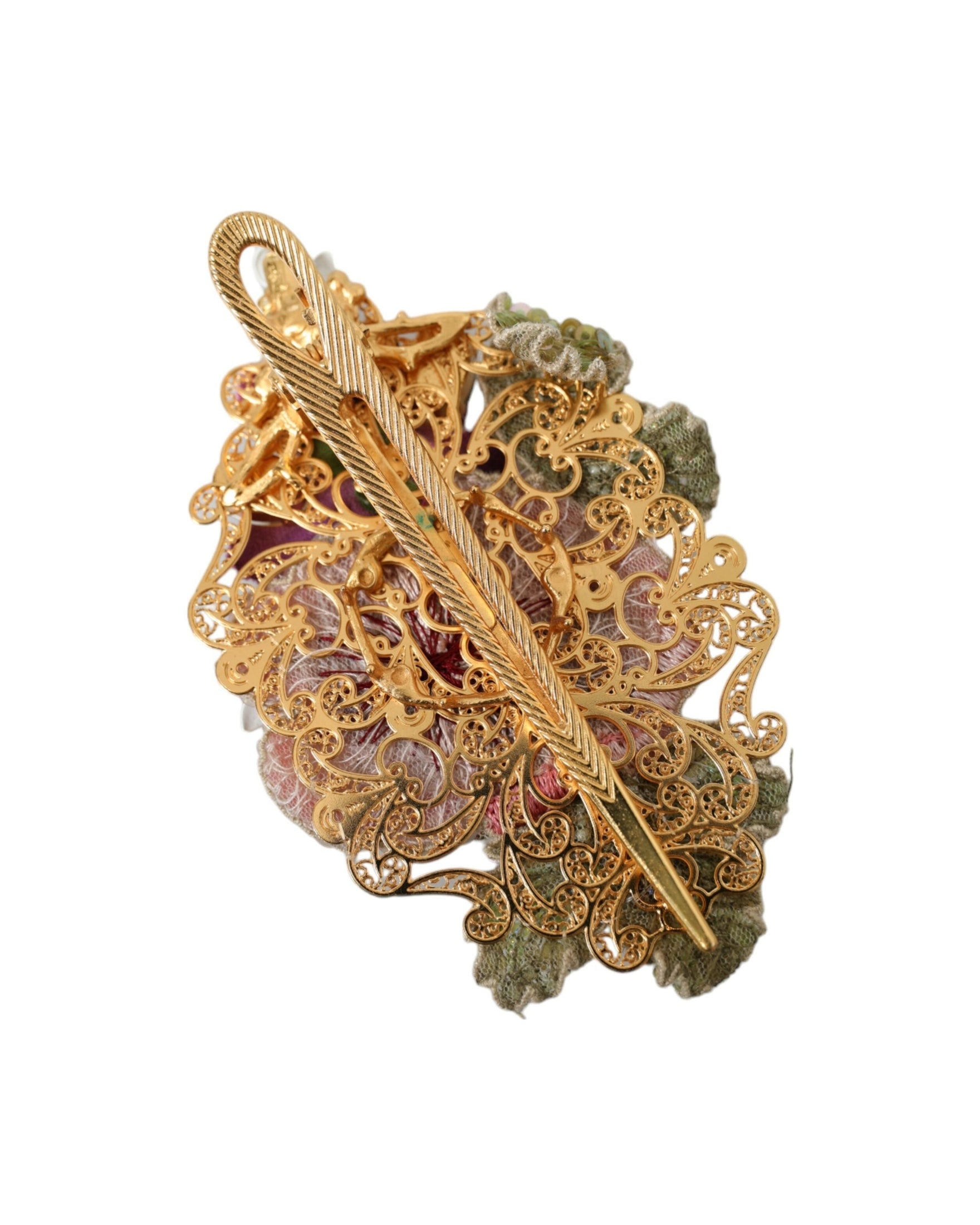 Dolce & Gabbana Brass Floral Crystal Sequined Hair Gold Clip Glam Steals