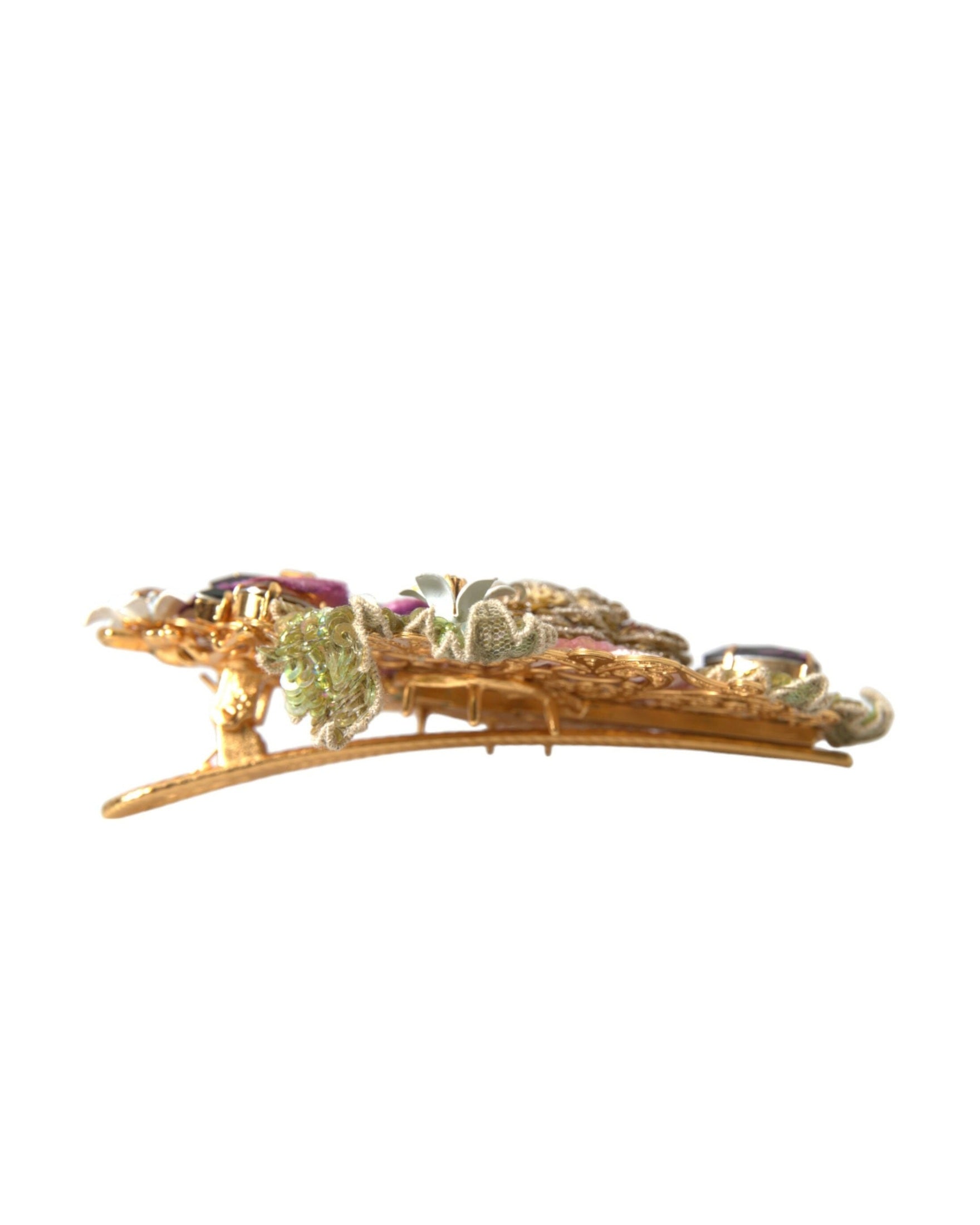 Dolce & Gabbana Brass Floral Crystal Sequined Hair Gold Clip Glam Steals