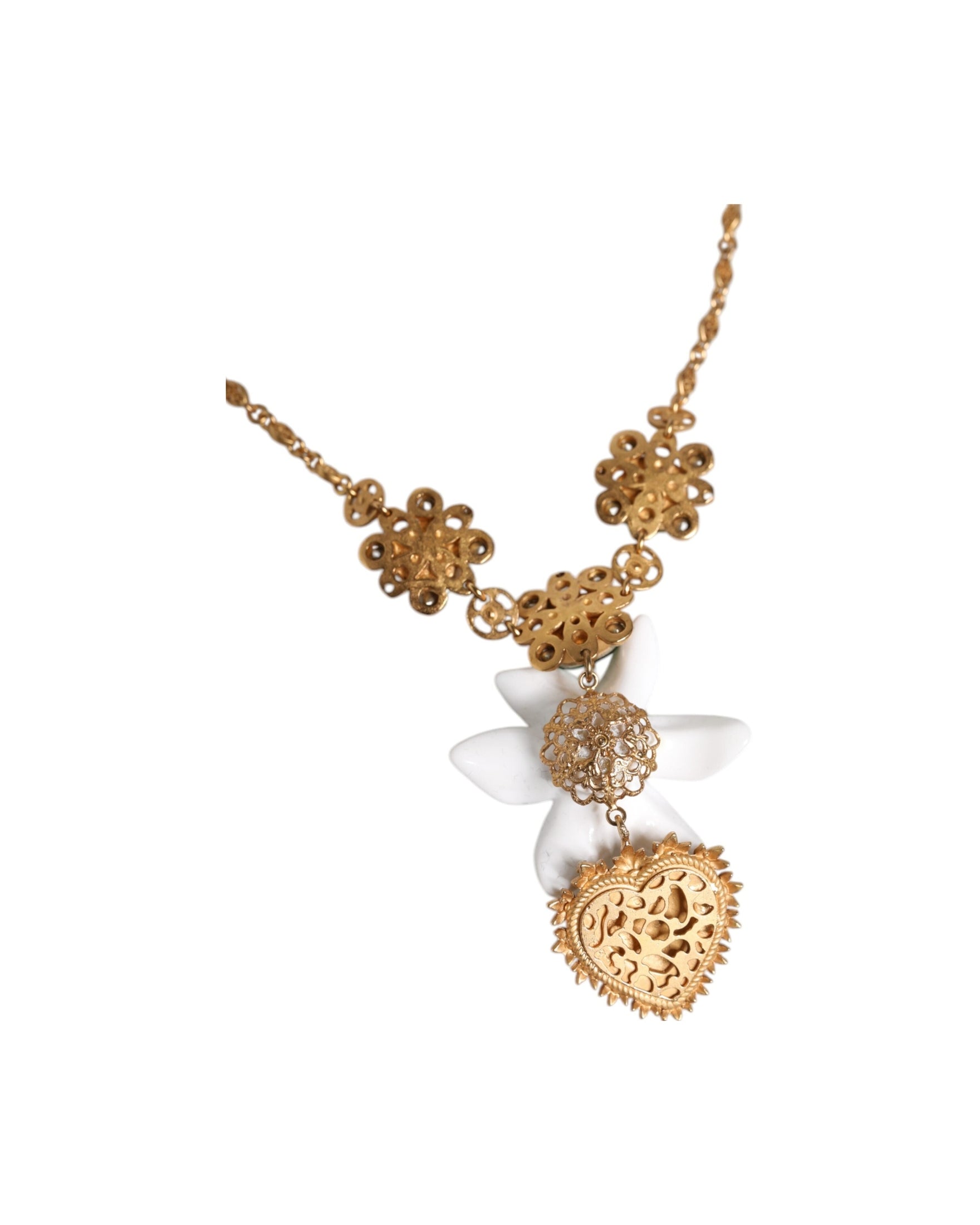 Dolce & Gabbana Brass Lily Crystal Sacred Heart Pendant Gold Necklace Glam Steals