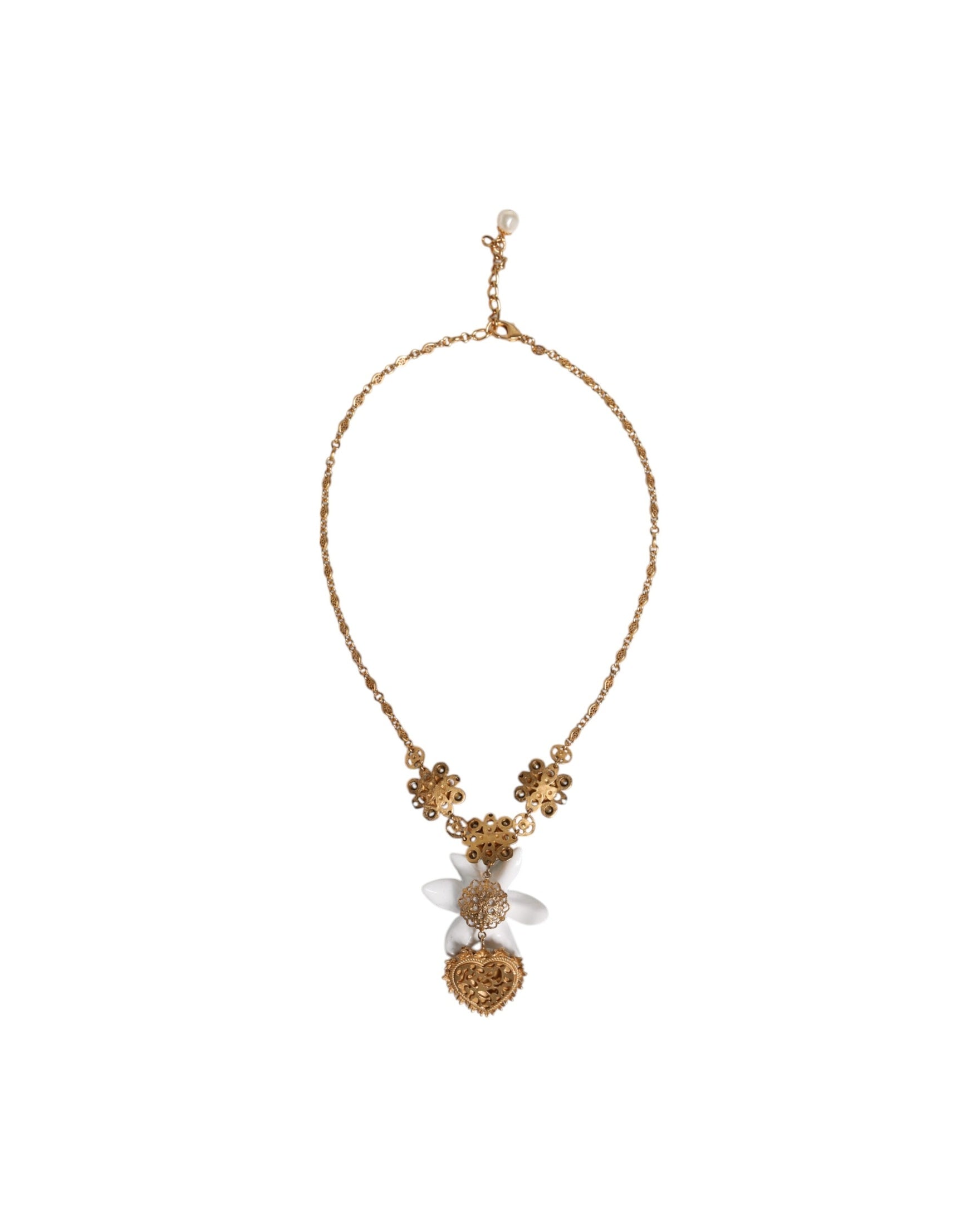 Dolce & Gabbana Brass Lily Crystal Sacred Heart Pendant Gold Necklace Glam Steals