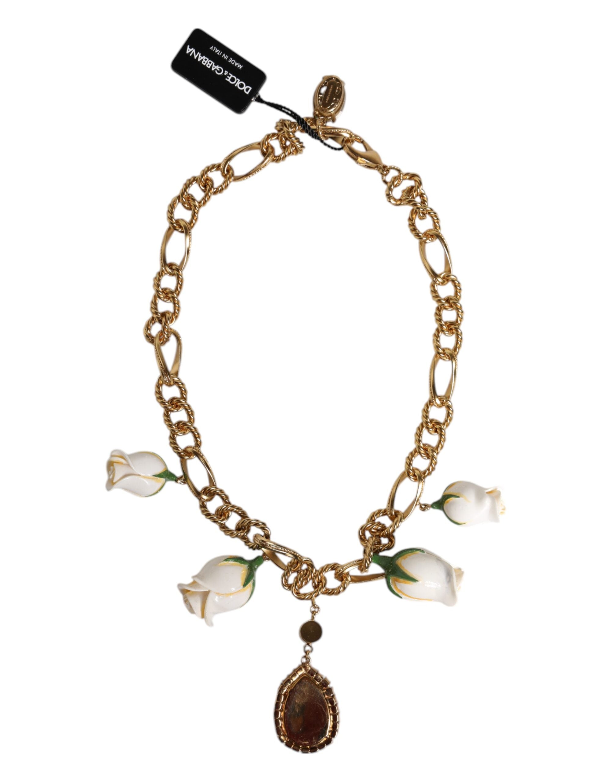Dolce & Gabbana Brass Shorts Chain Flower Crystal Pendant Gold Necklace Glam Steals