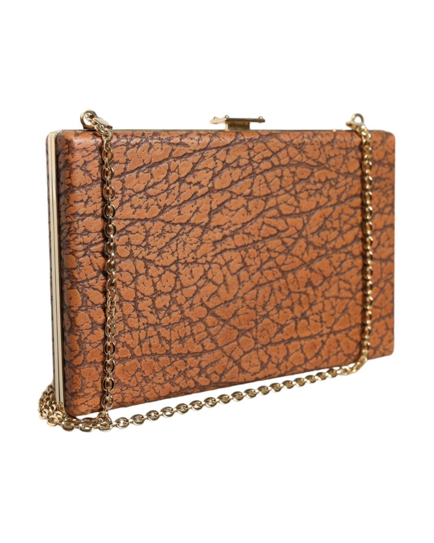 Dolce & Gabbana Leather Frame Clutch Mini Crossbody Brown Gold Bag Glam Steals