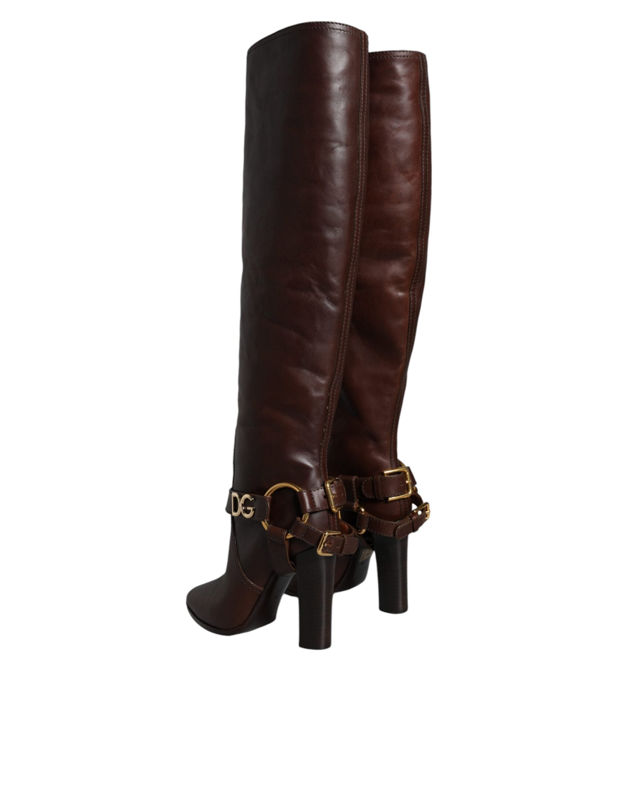 Dolce & Gabbana Brown Leather Gold Tone Logo High Boots Shoes Glam Steals