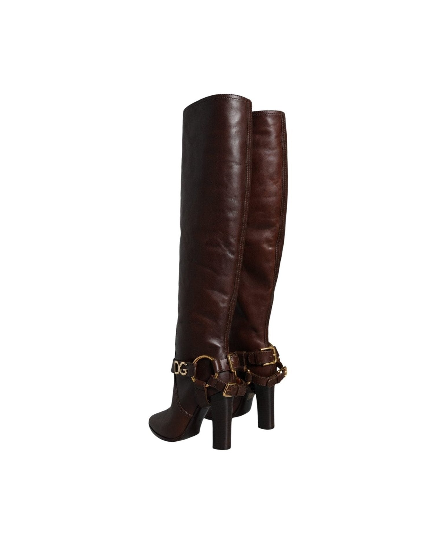 Dolce & Gabbana Brown Leather Gold Tone Logo High Boots Shoes Glam Steals
