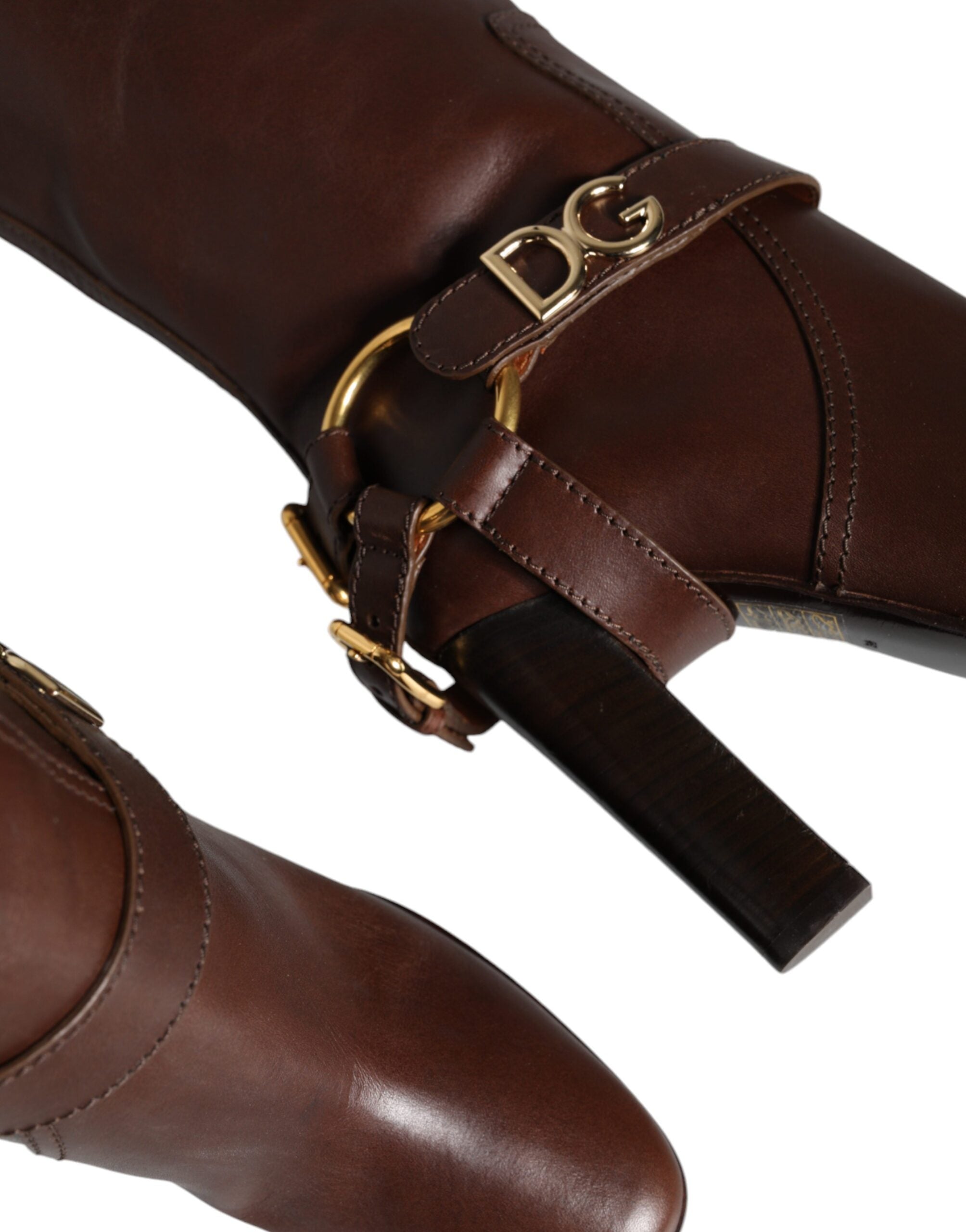 Dolce & Gabbana Brown Leather Gold Tone Logo High Boots Shoes Glam Steals