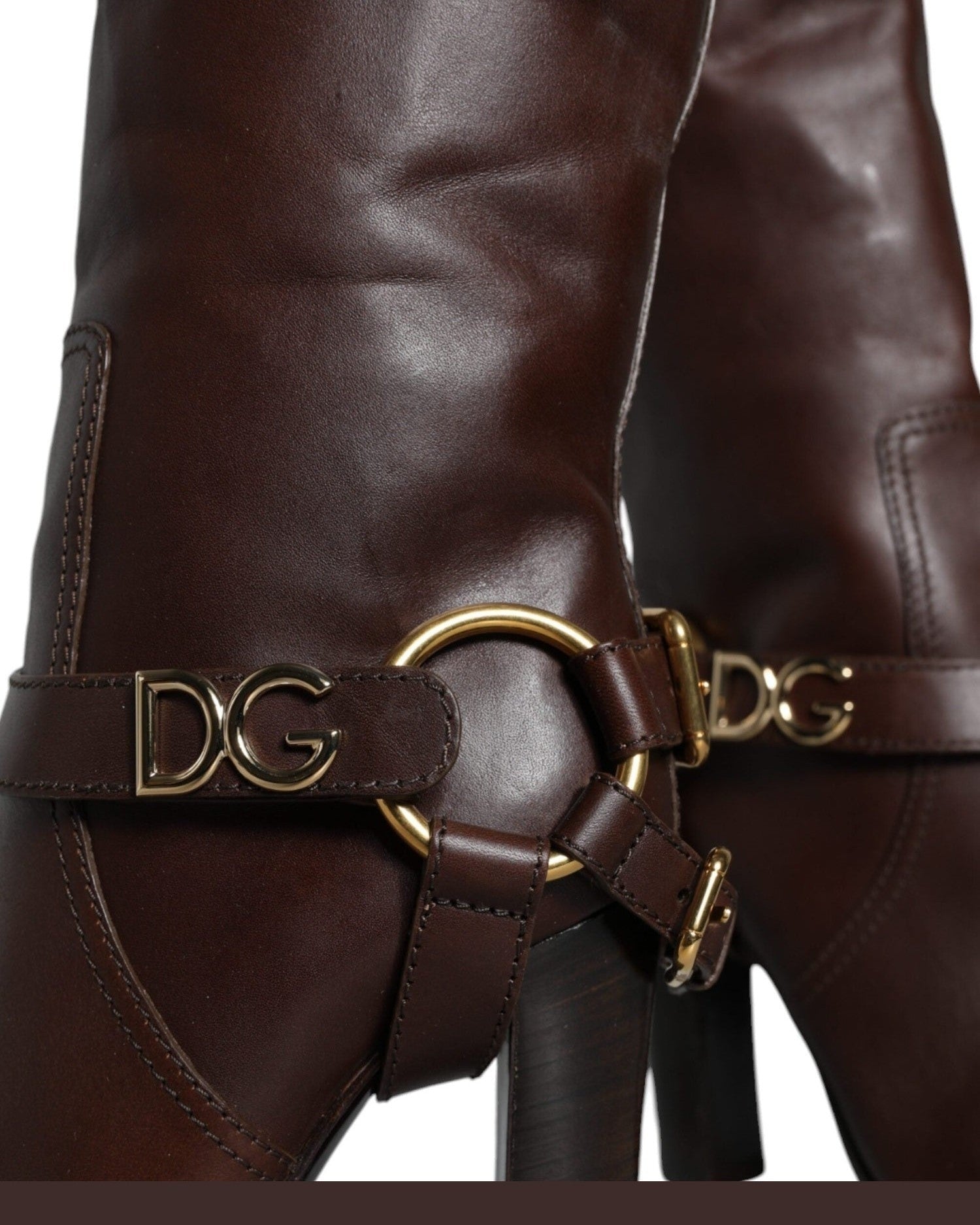 Dolce & Gabbana Brown Leather Gold Tone Logo High Boots Shoes Glam Steals
